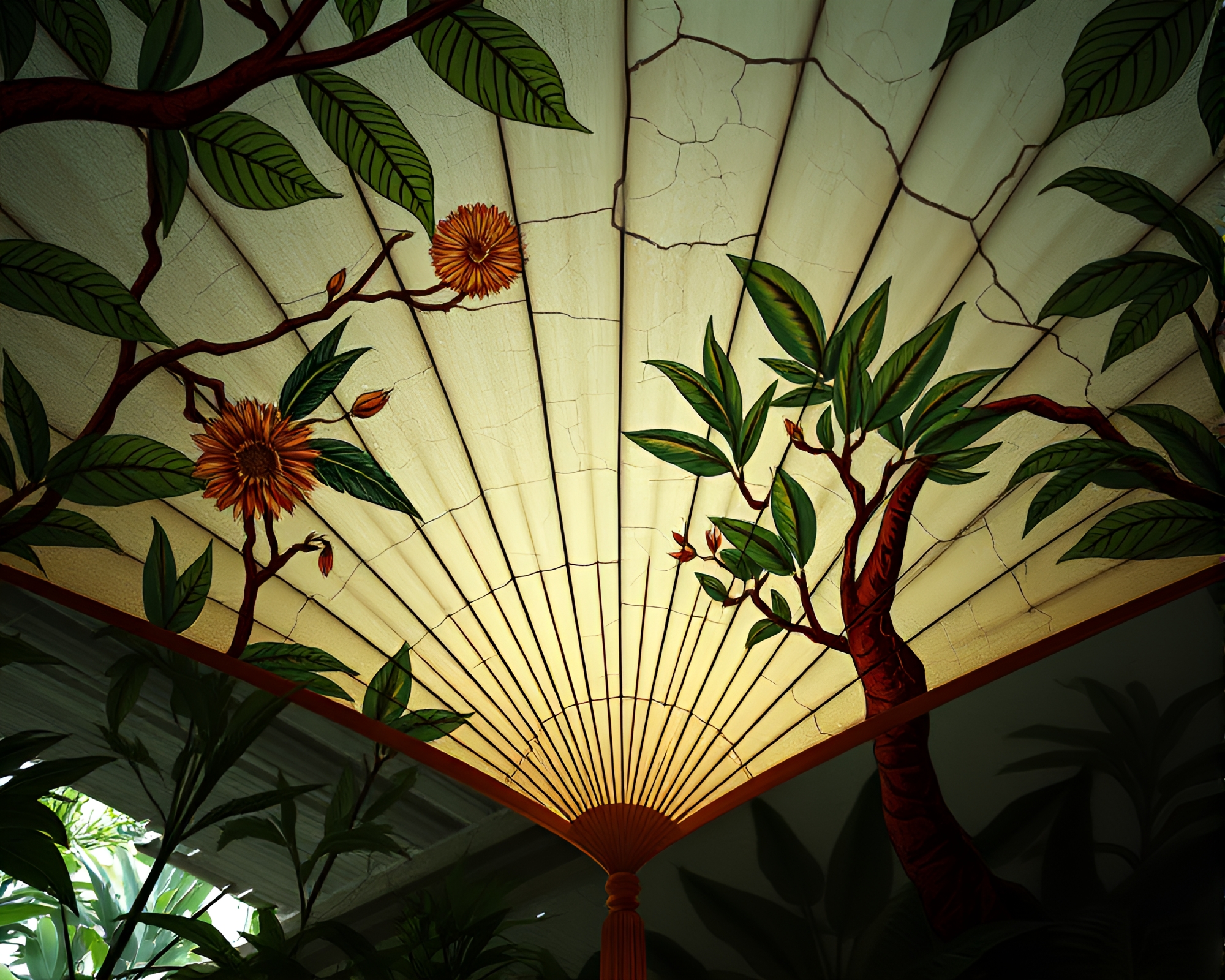 Cracked Earth Hand-painted Fan in Jungle Canopy Shade – free AI stock image