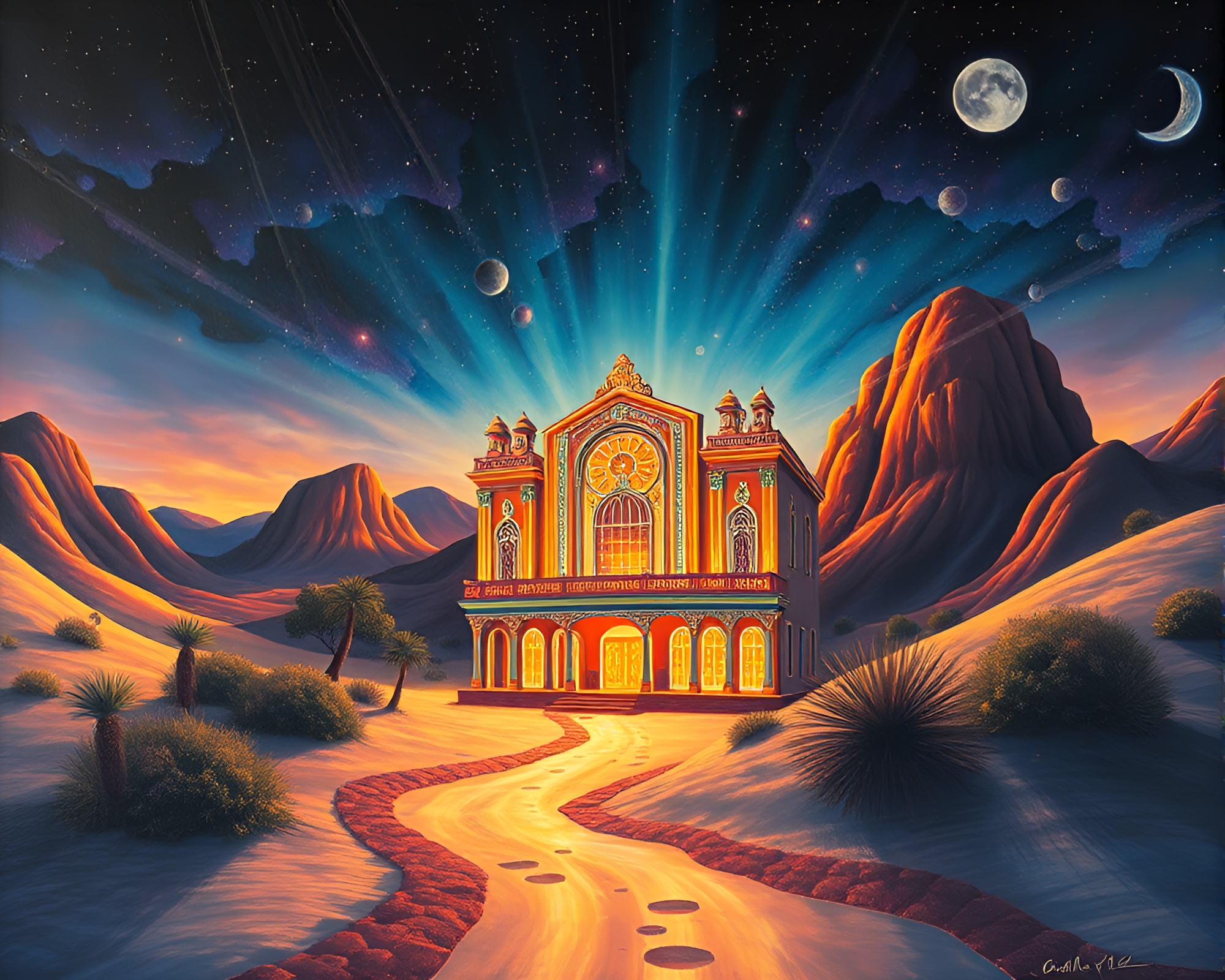 Fractal Desert Mirage Opera-House Glow Mural Painting – free AI stock image