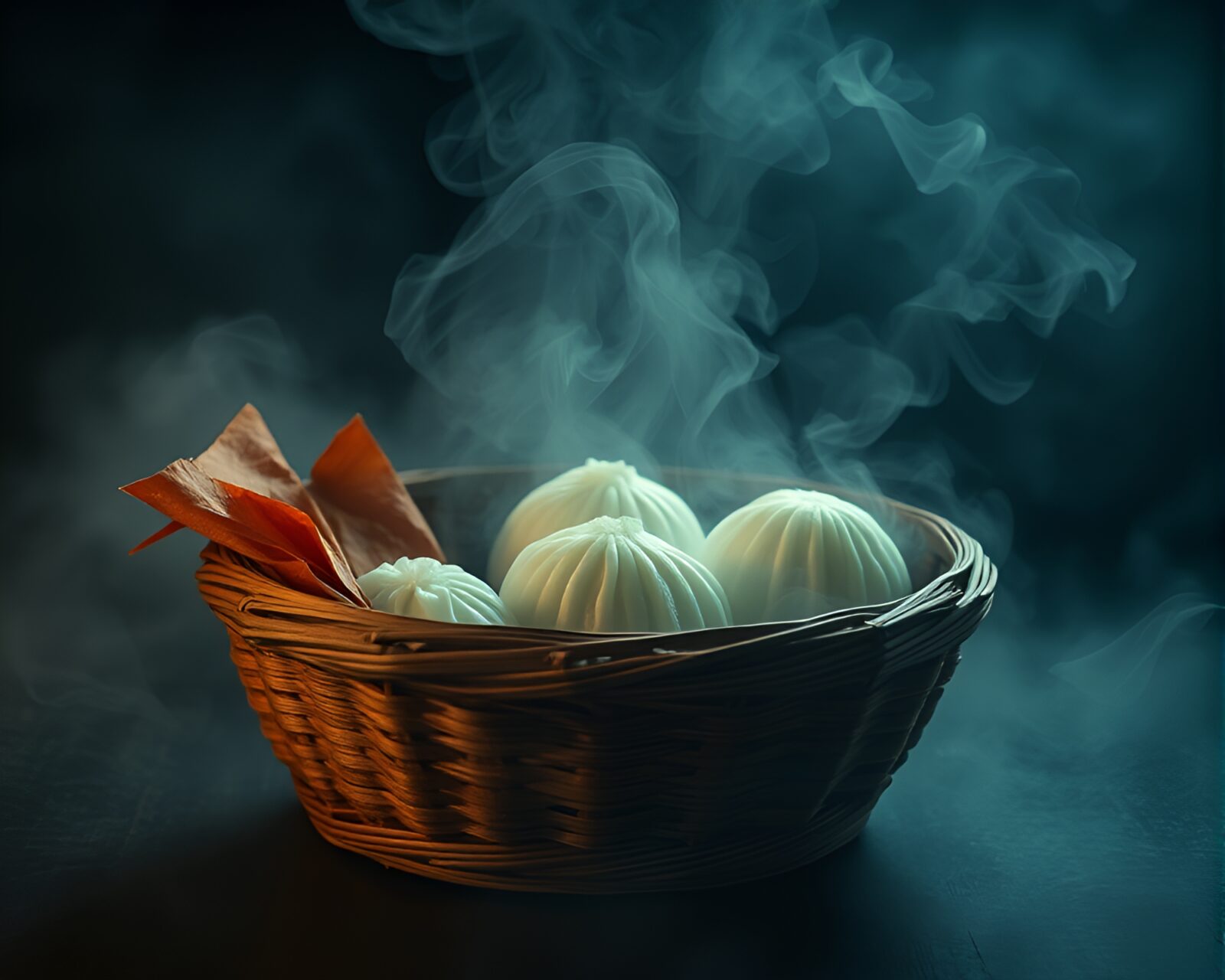 Artistic rendering of dim sum basket in smoky lighting
