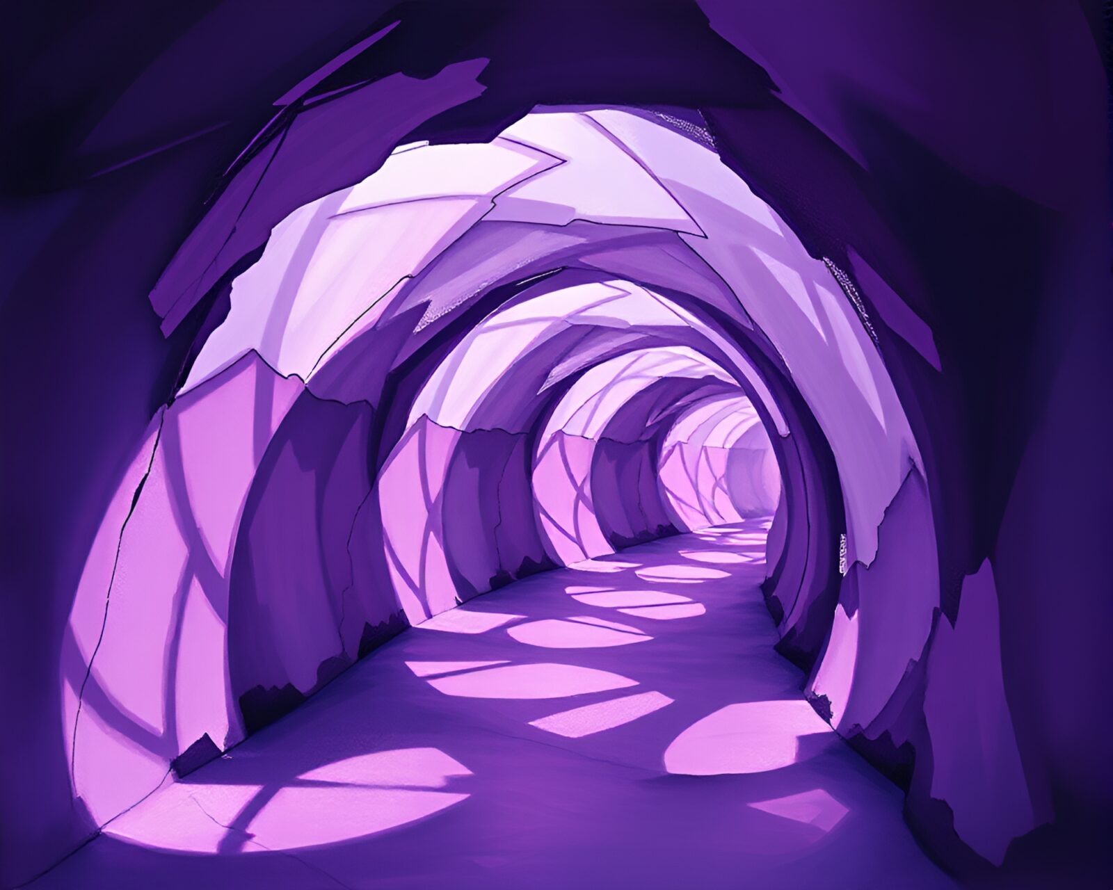 A mesmerizing glass tunnel glowing in shimmering amethyst hues