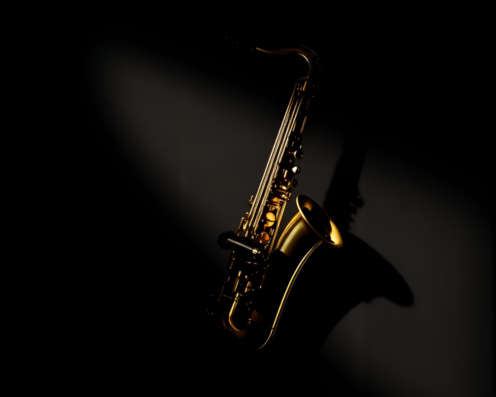 Surreal art of saxophonist in shadowy checkered space