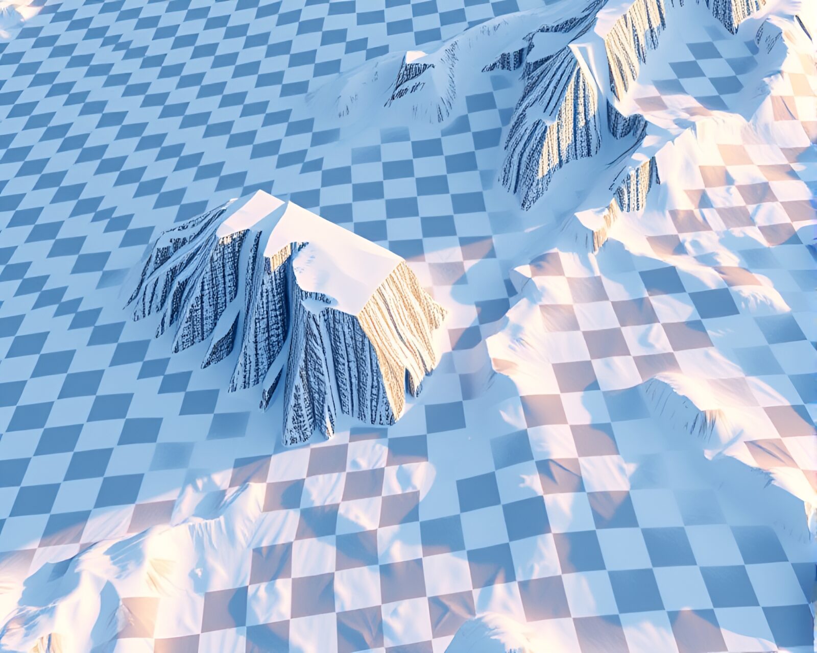 High-poly 3D render of a majestic castle on a cliff in snowy lighting