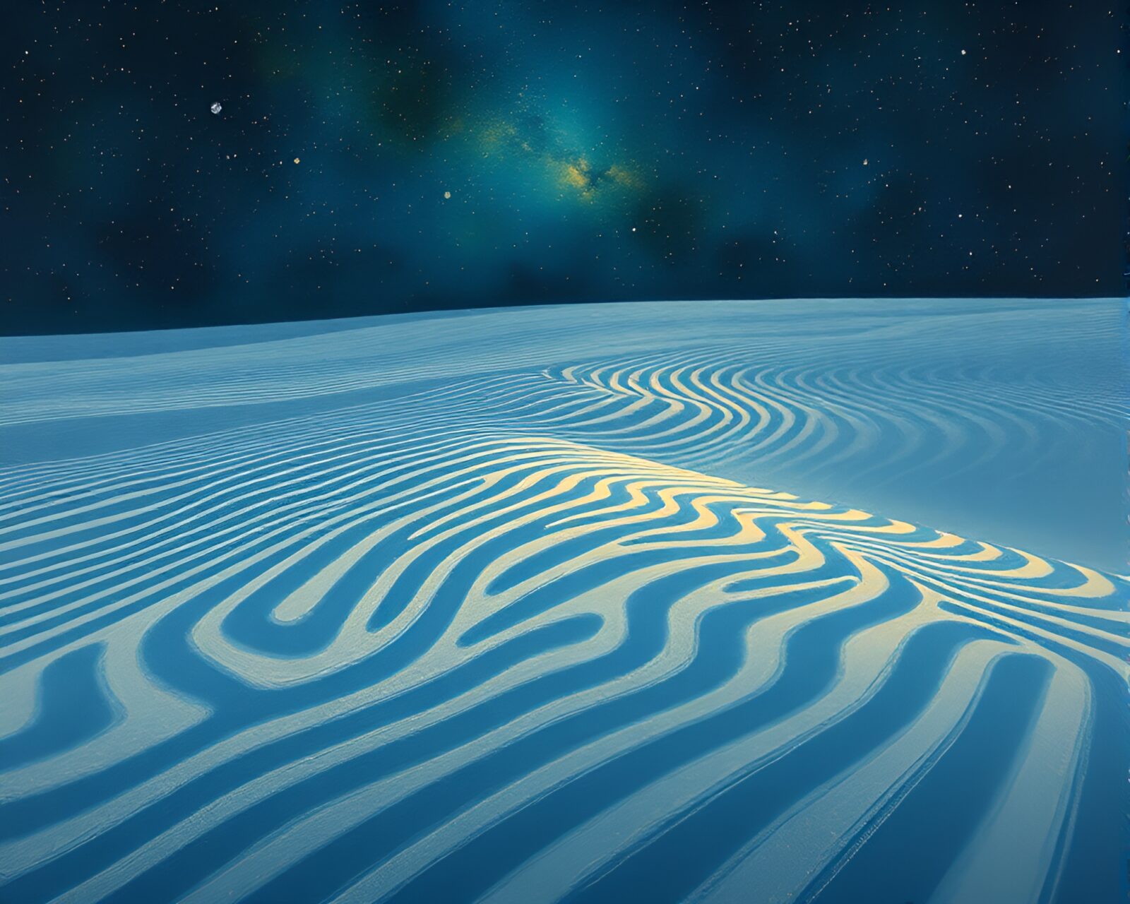 Gouache painting of sand swirls under glowing firefly light