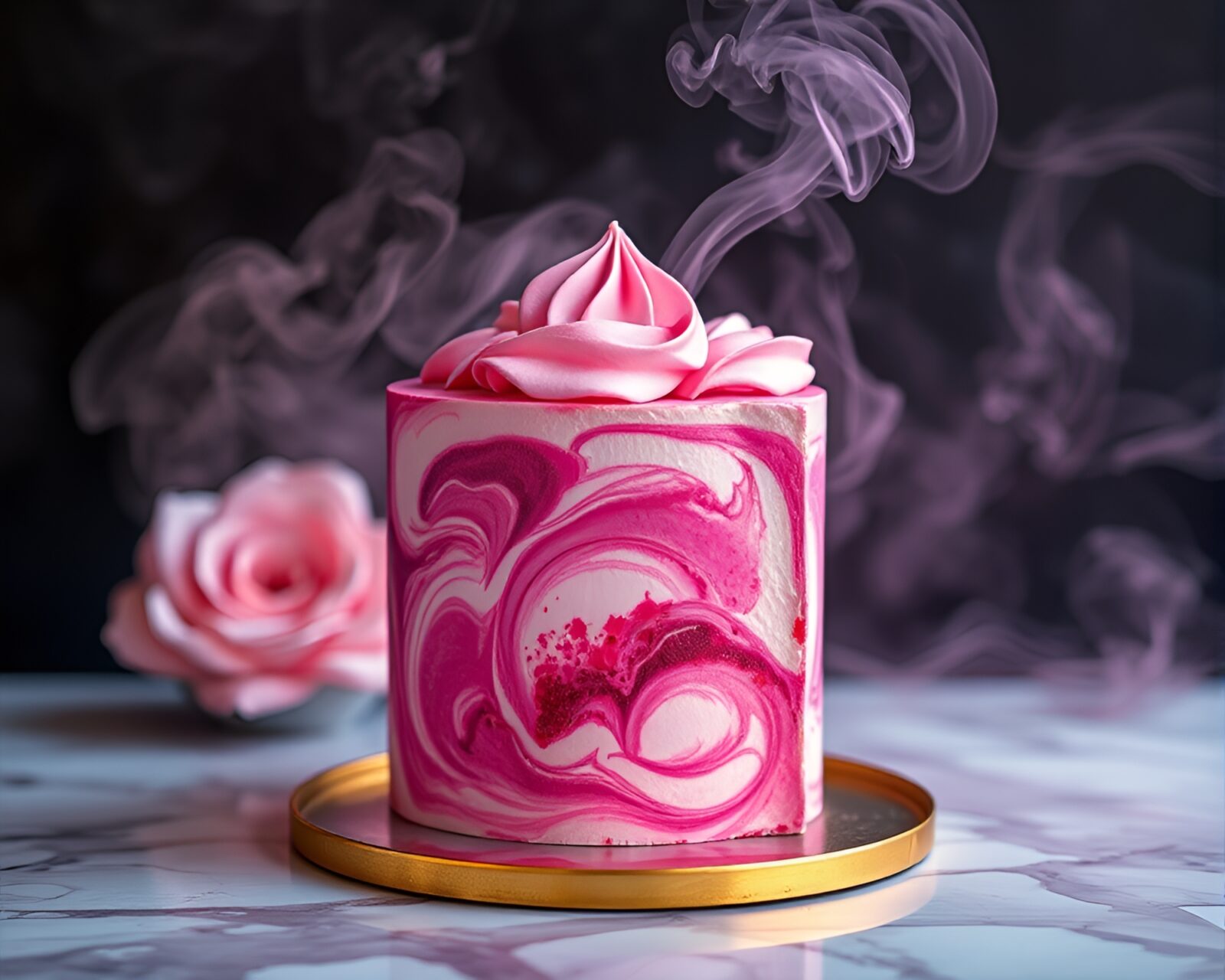 Vibrant magenta cake with swirling smoke plumes at sunset