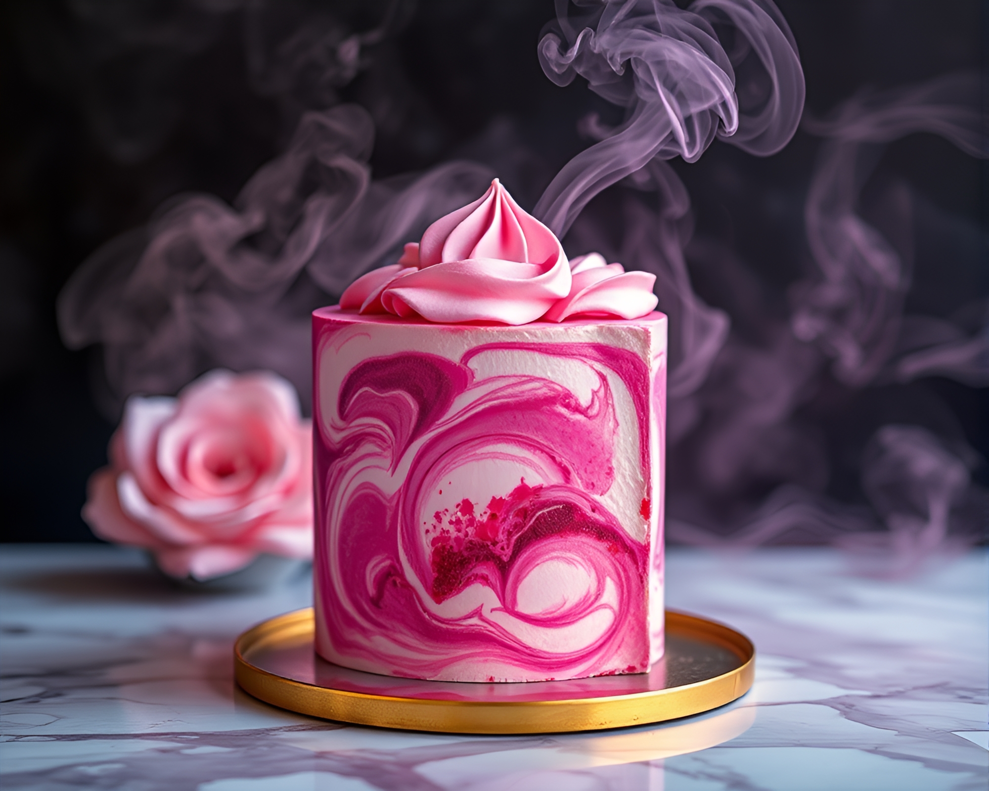 Magenta Marbled Cake with Smoke Plume Swirls at Golden Hour – free AI stock image
