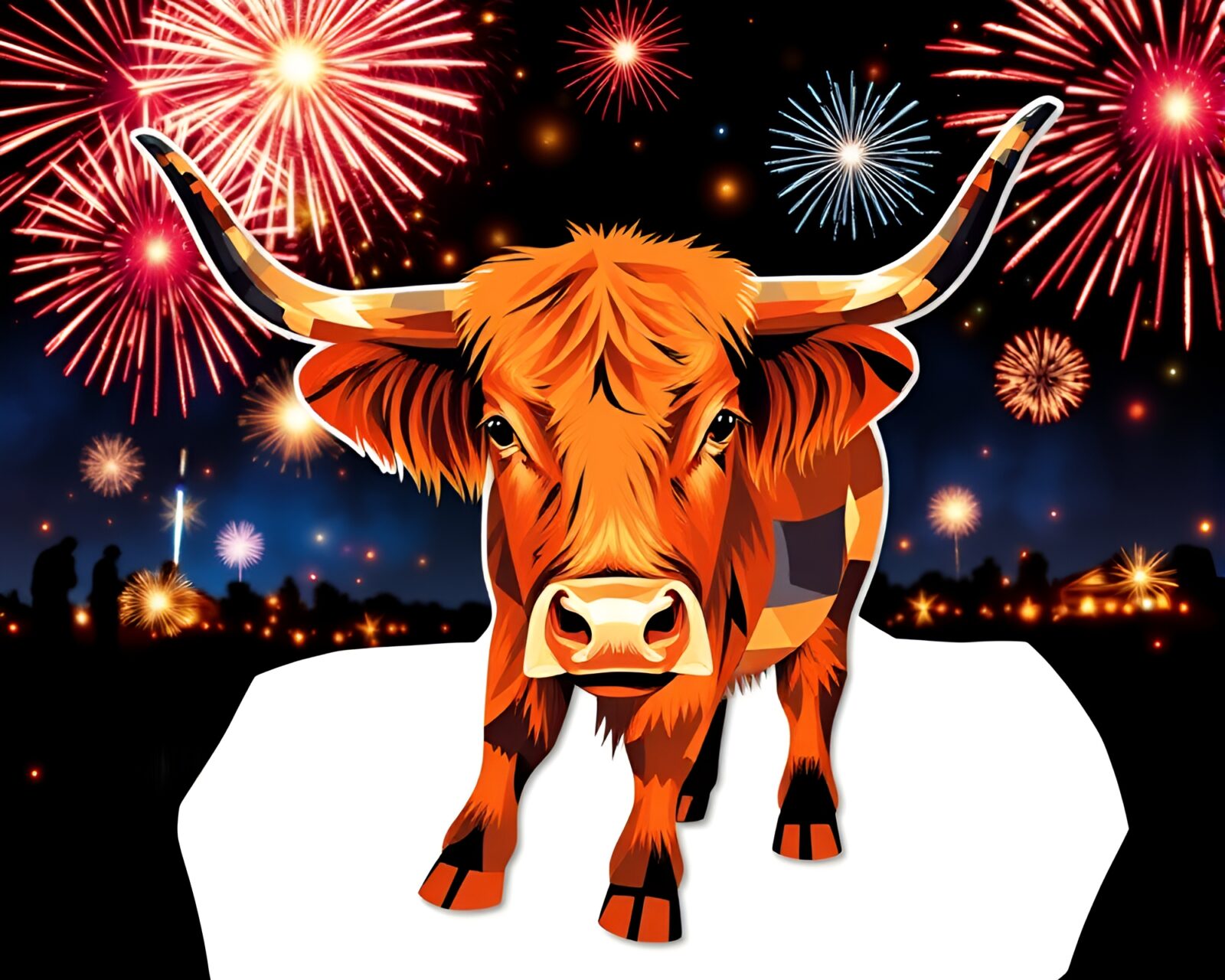 Colorful festival scene with Highland cow and fireworks