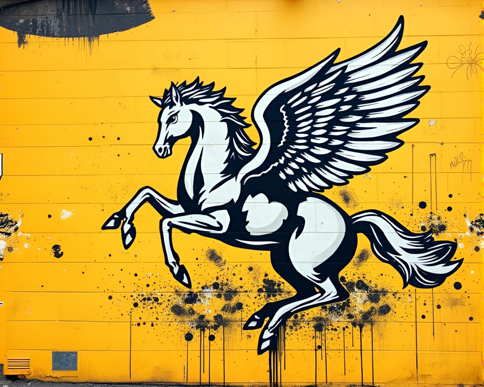 Sepia toned graffiti mural depicting a majestic Pegasus in monochrome yellow hues