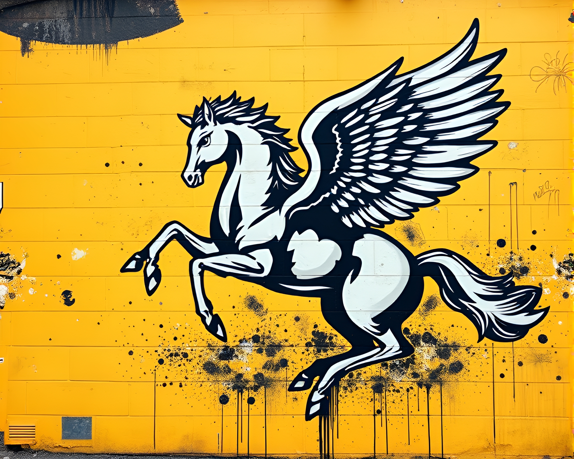 Graffiti Mural of Sepia Toned Pegasus in Monochrome Yellow – free AI stock image