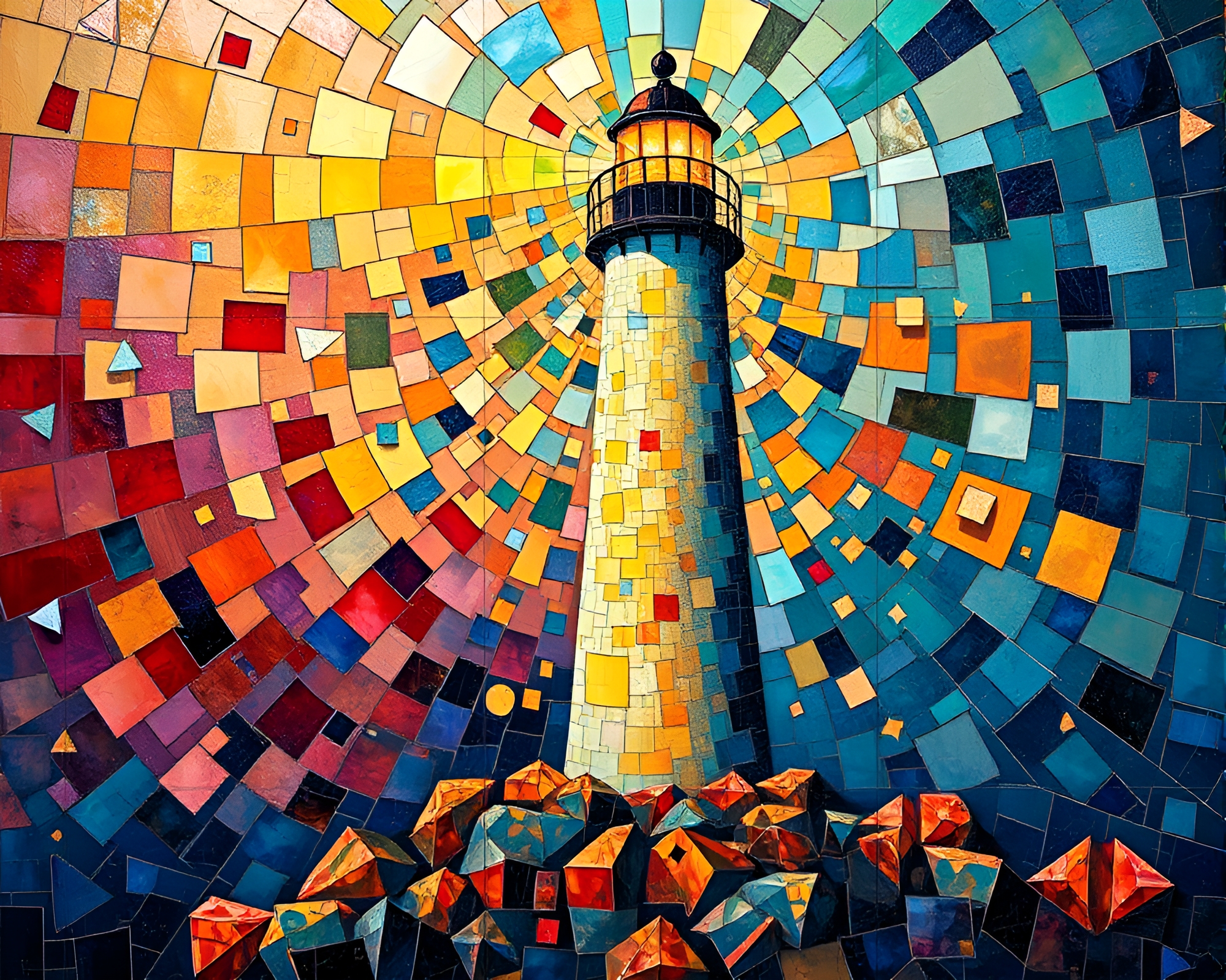 Surreal Lighthouse in Fragmented Starburst Mosaic – free AI stock image