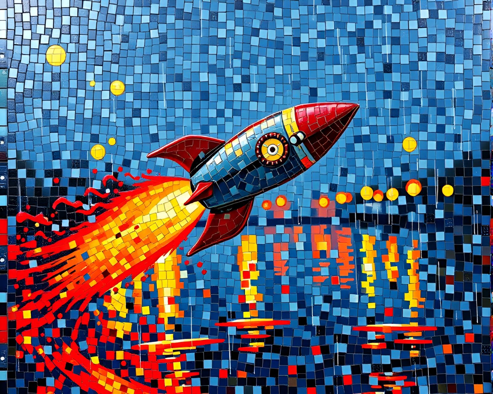 Vibrant action painting of rocket under rainy sky