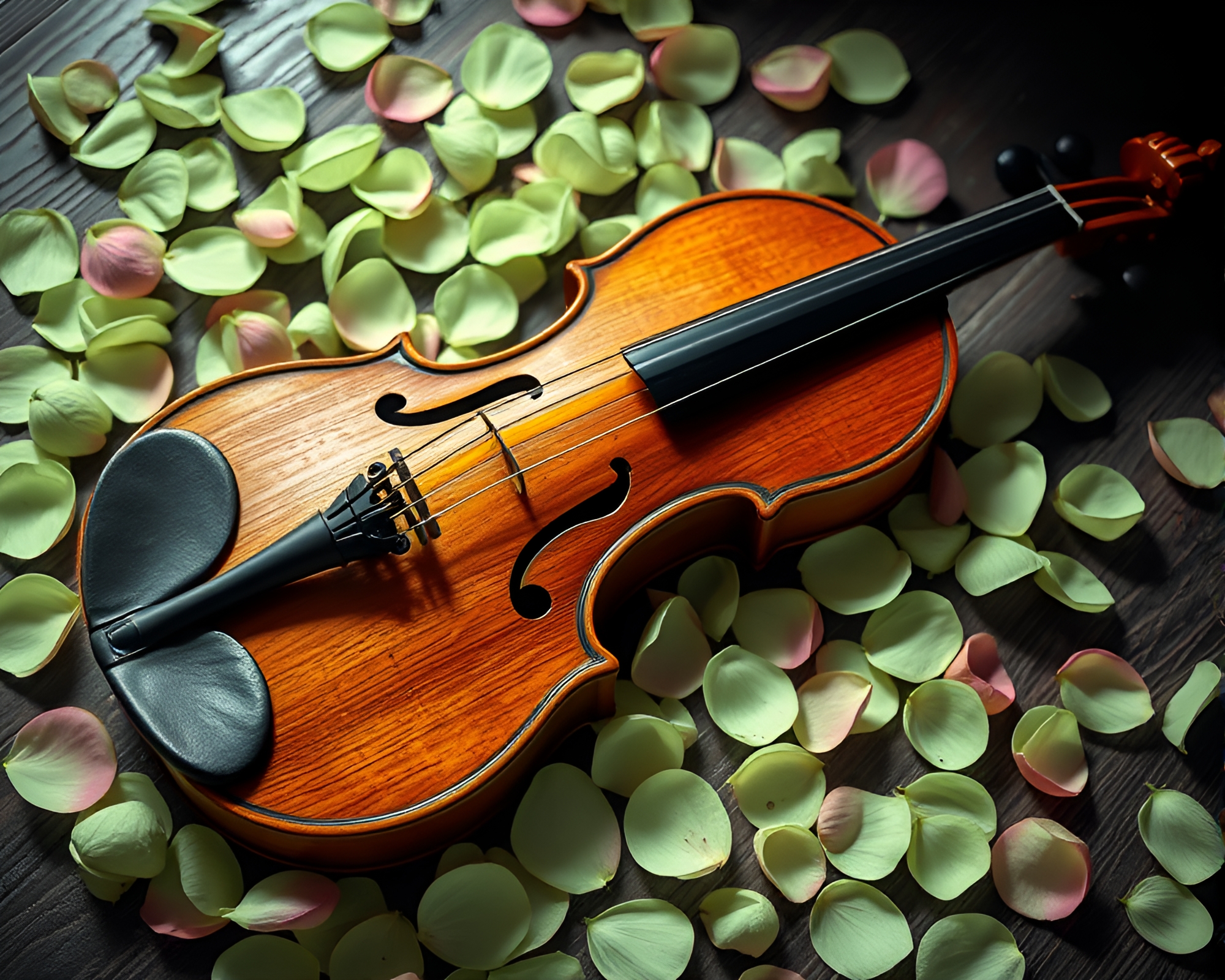 Ethereal Violin Symphony with Mint Green Petals Concept Art – free AI stock image