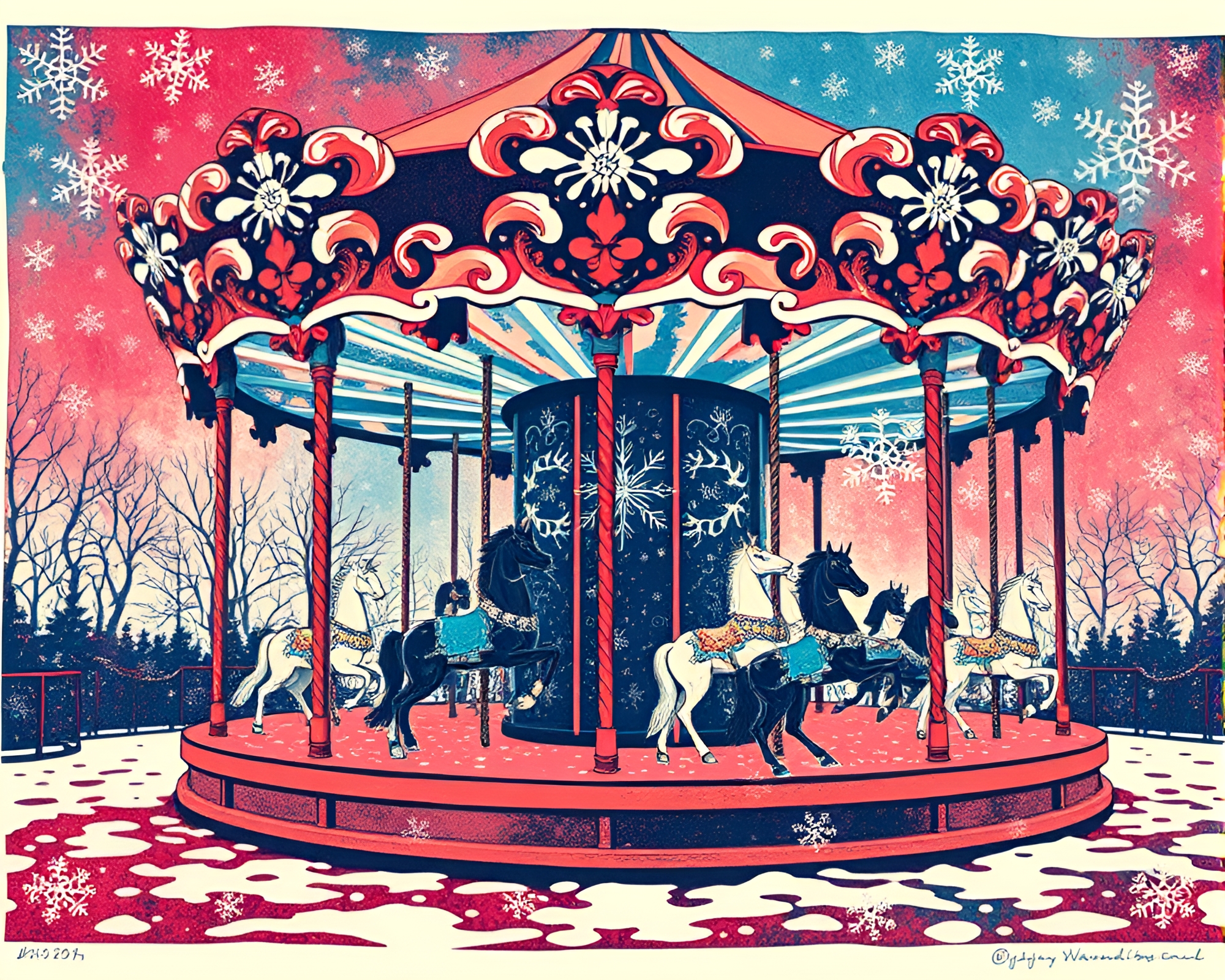 Surreal Carnival Carousel Snowflakes – free AI stock image