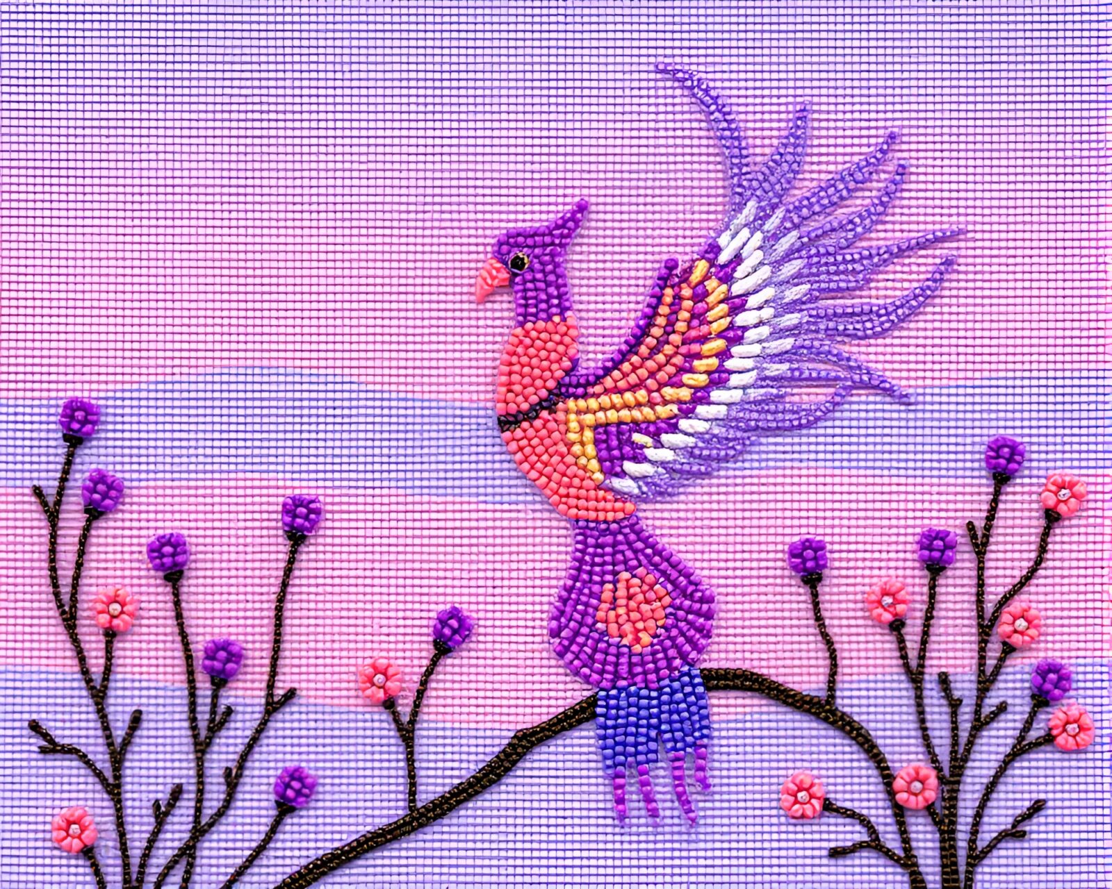 Intricate beadwork phoenix against lavender sky at twilight