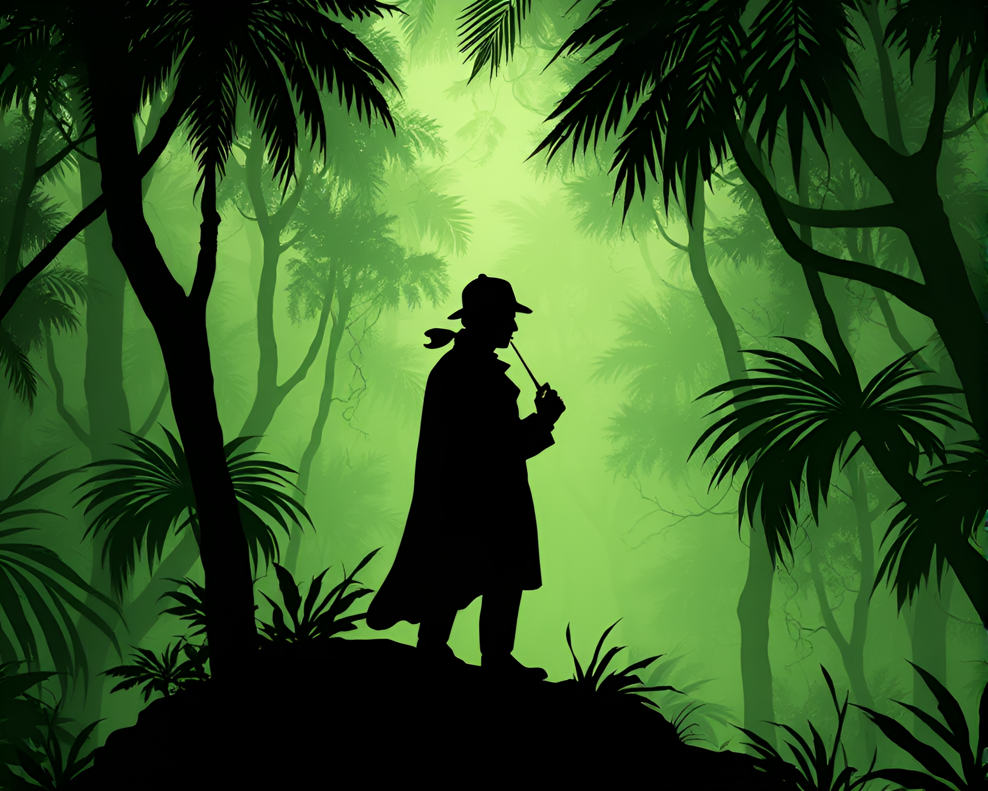 Steampunk Detective in Rainforest Silhouette – free AI stock image