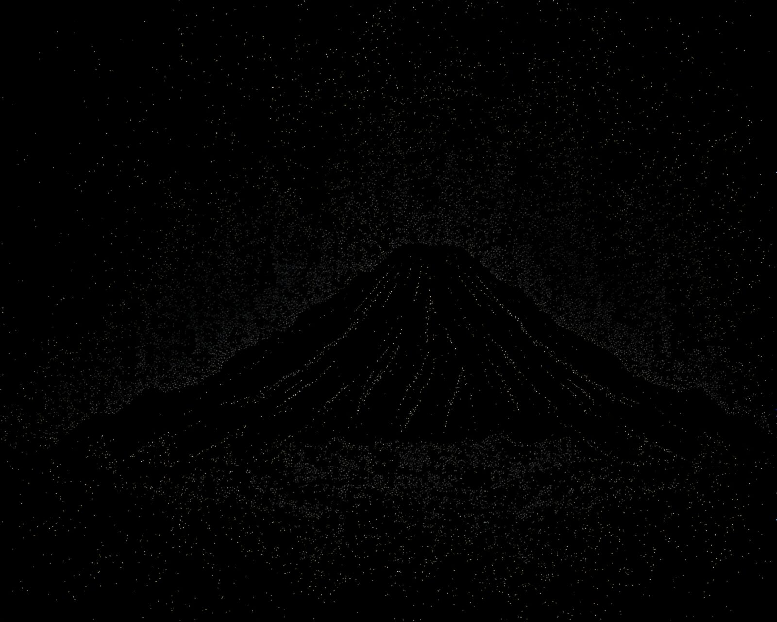 Grainy textured image of a halftone grid on a volcanic island at dusk