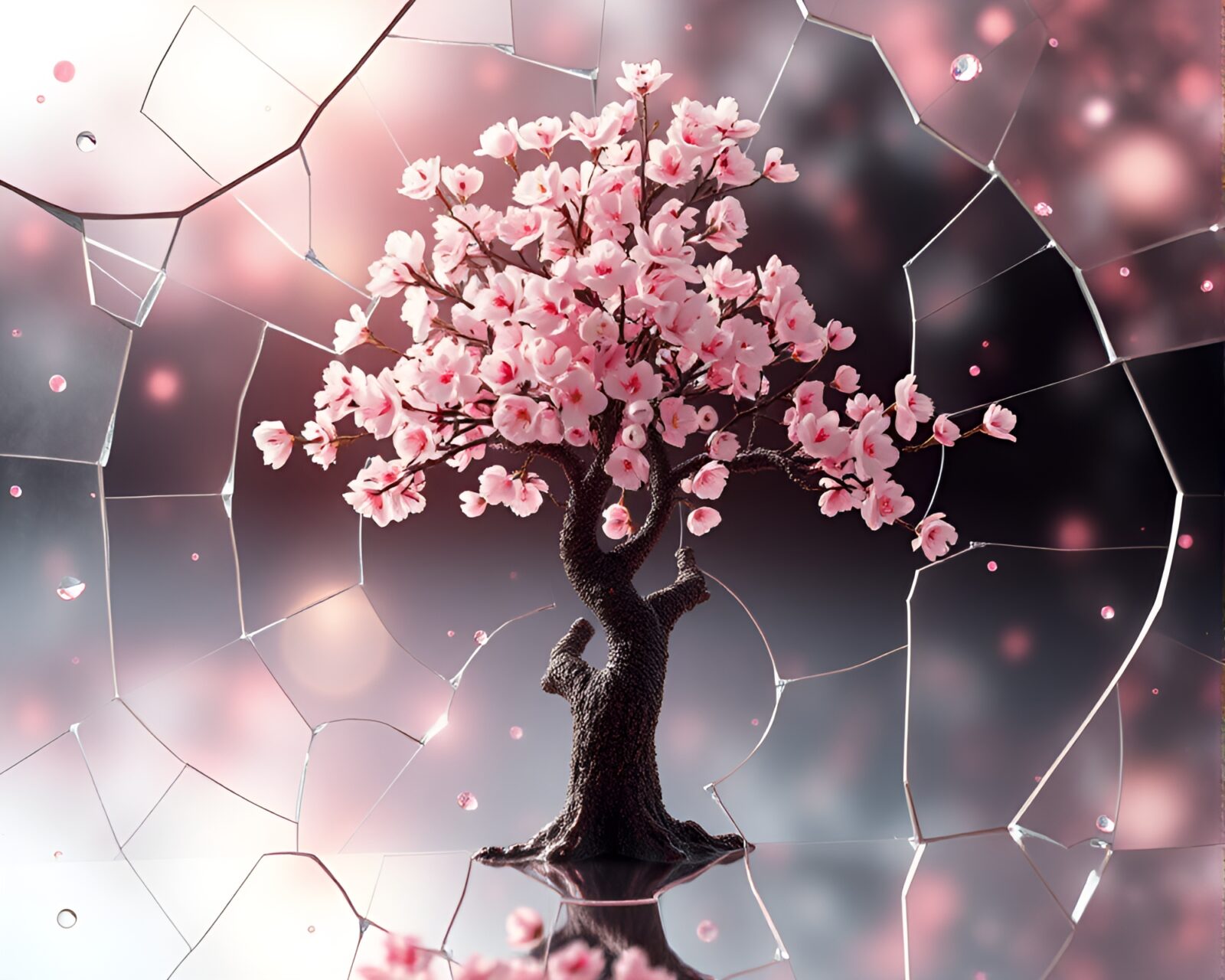 Abstract art of cherry blossom tree in broken glass reflection