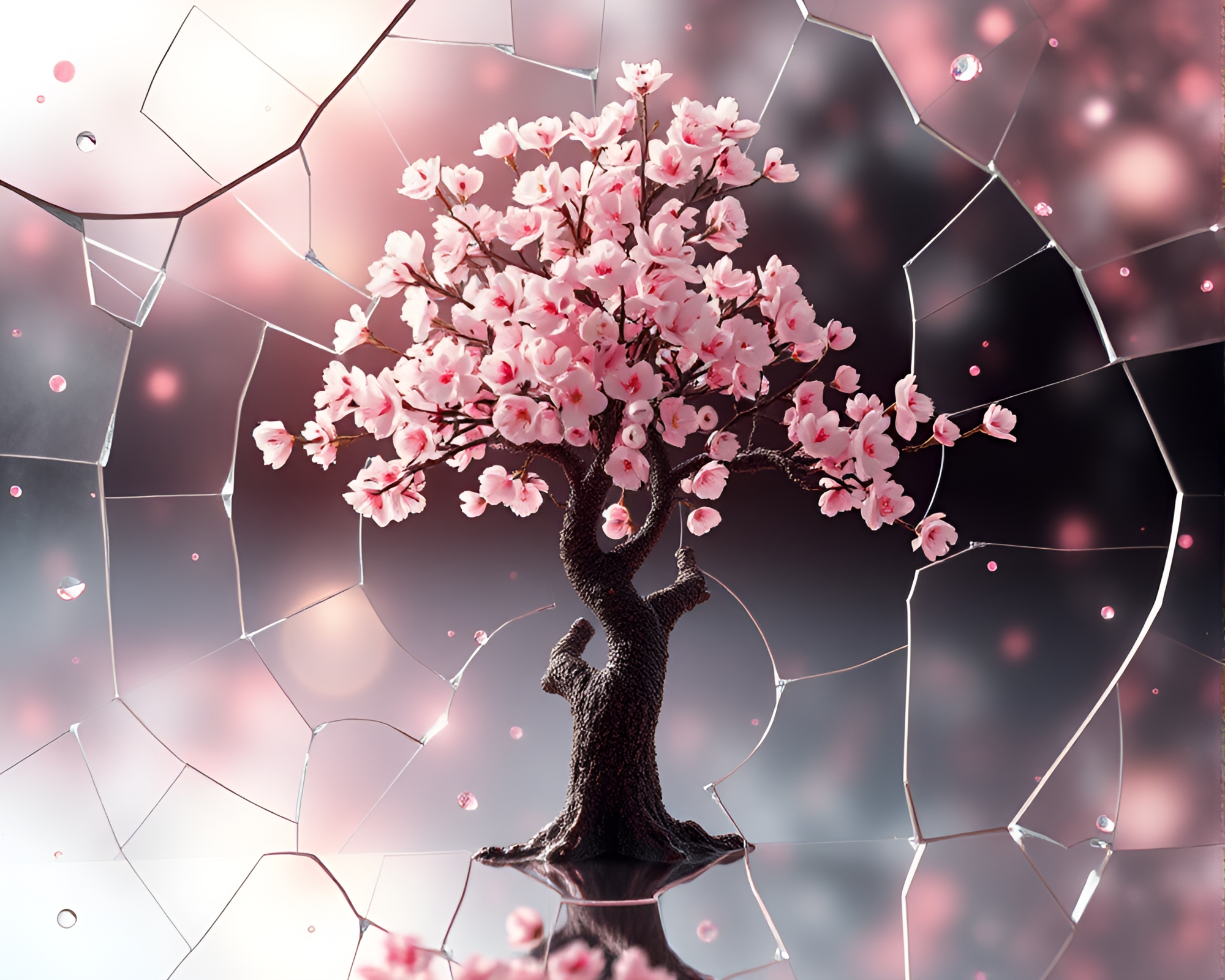 Fractal Glow Cherry Blossom Reflecting Broken Glass Composition – free AI stock image