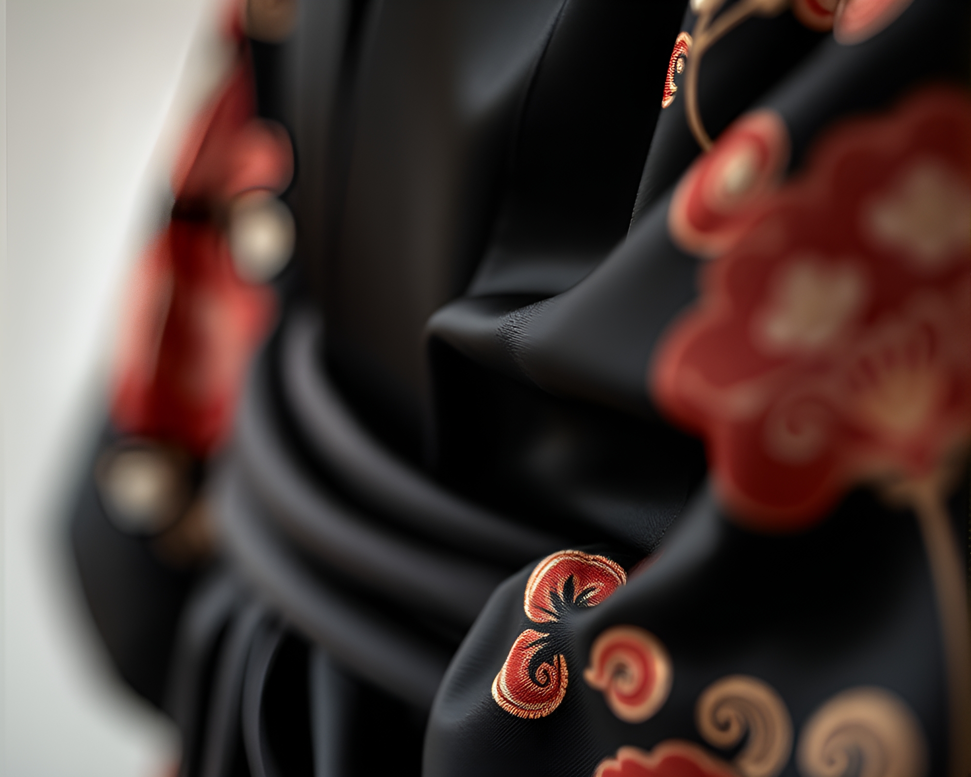 Elegant Silk Kimono in Charcoal Black Macro Photography – free AI stock image