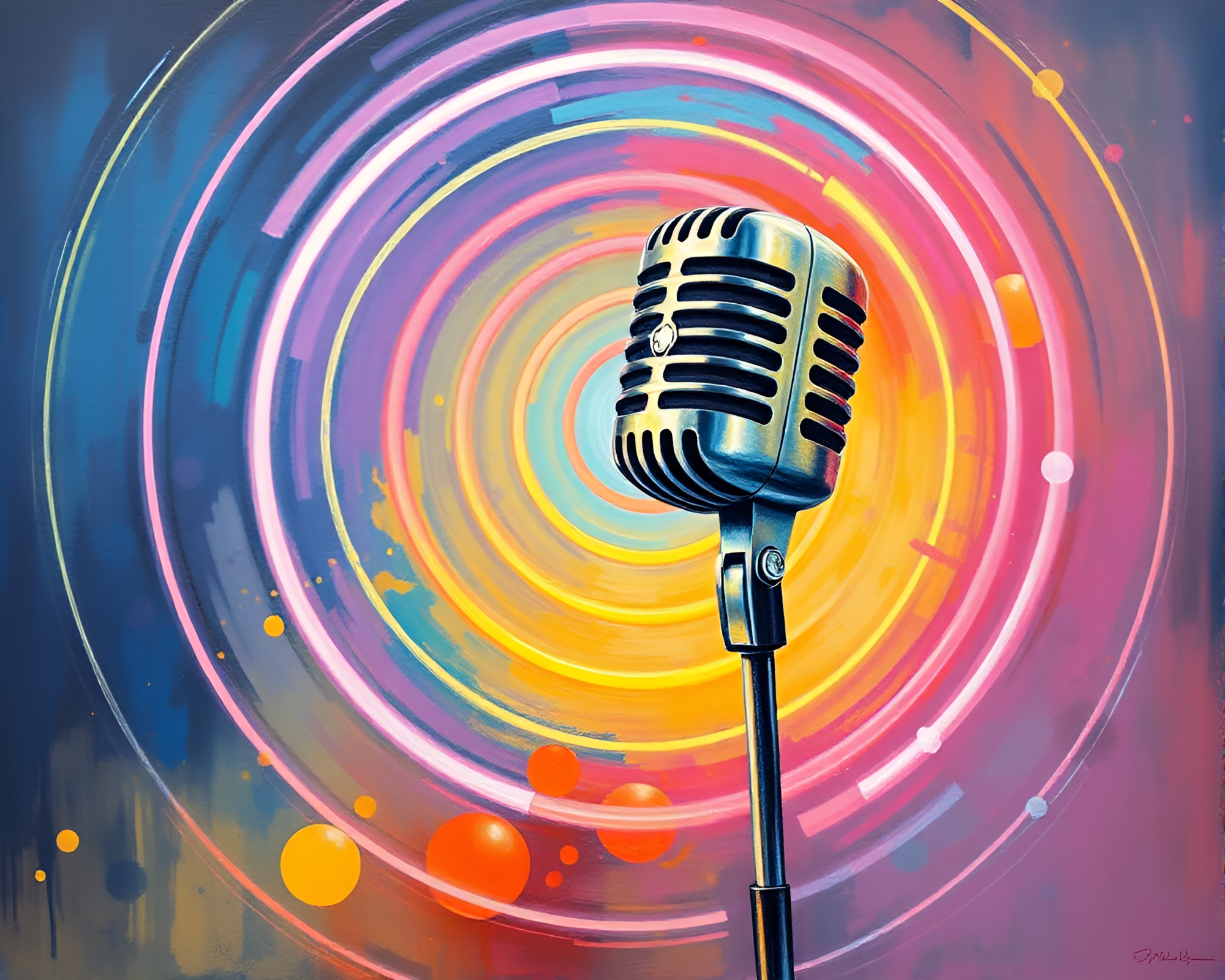 Mesmerizing Microphone: Impressionist Neon Circles – free AI stock image