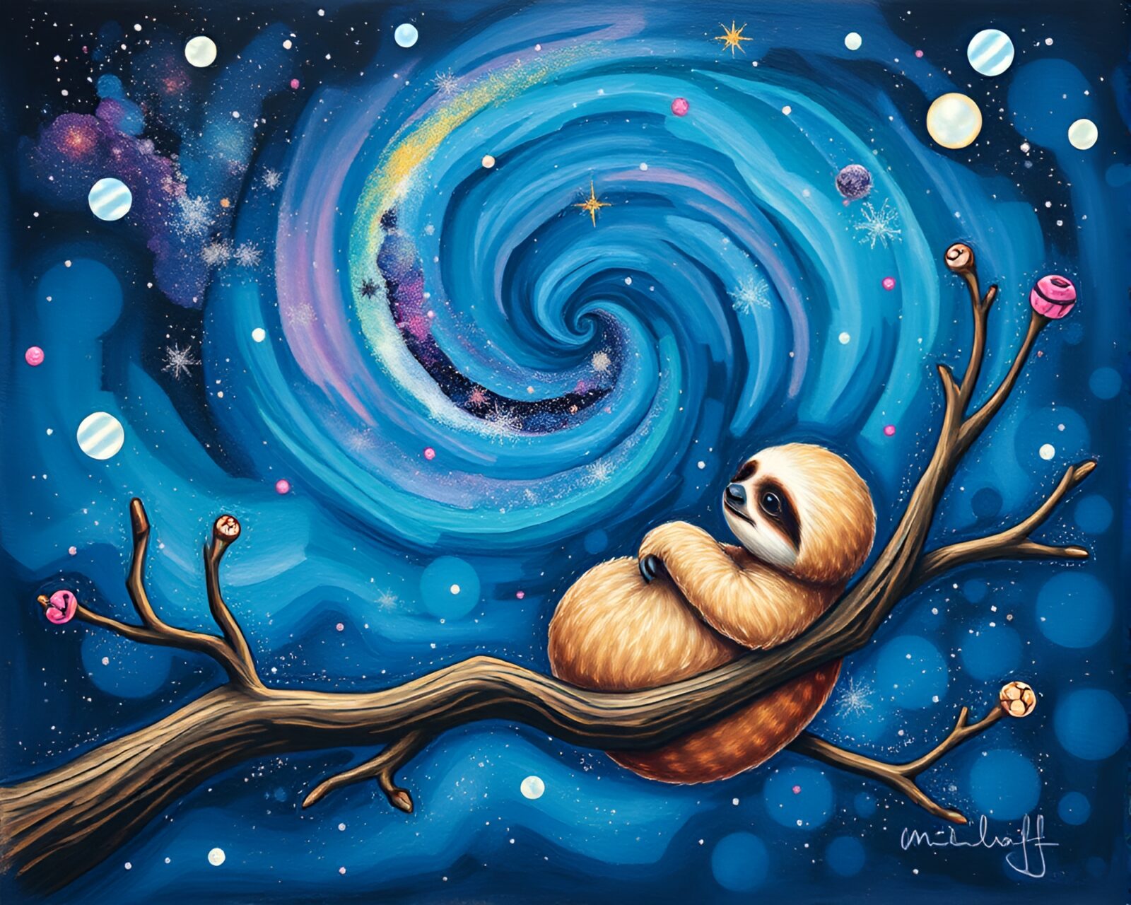 Gouache painting of sloth amongst milky way swirls