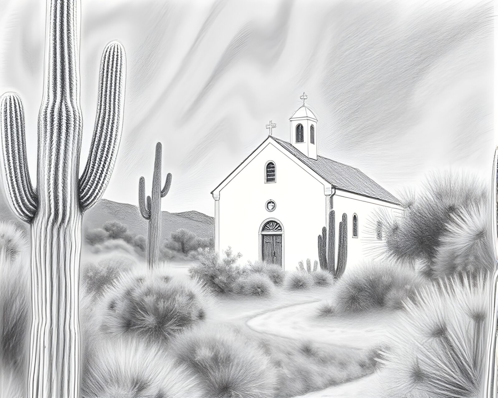 Pencil drawing of desert cactus in church candlelight