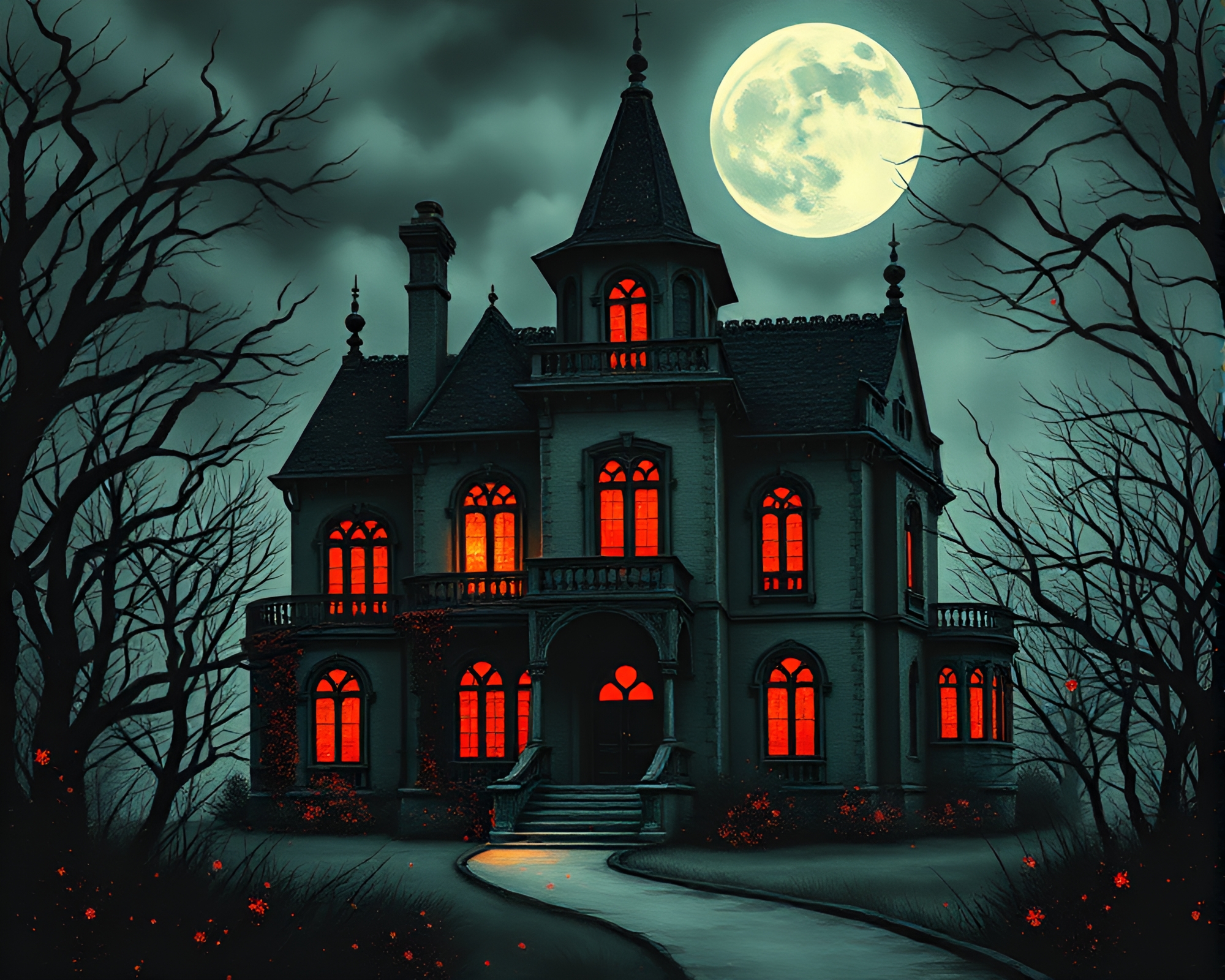 Gothic Mansion Splattered in Acrylic: Tattoo Flash Style – free AI stock image