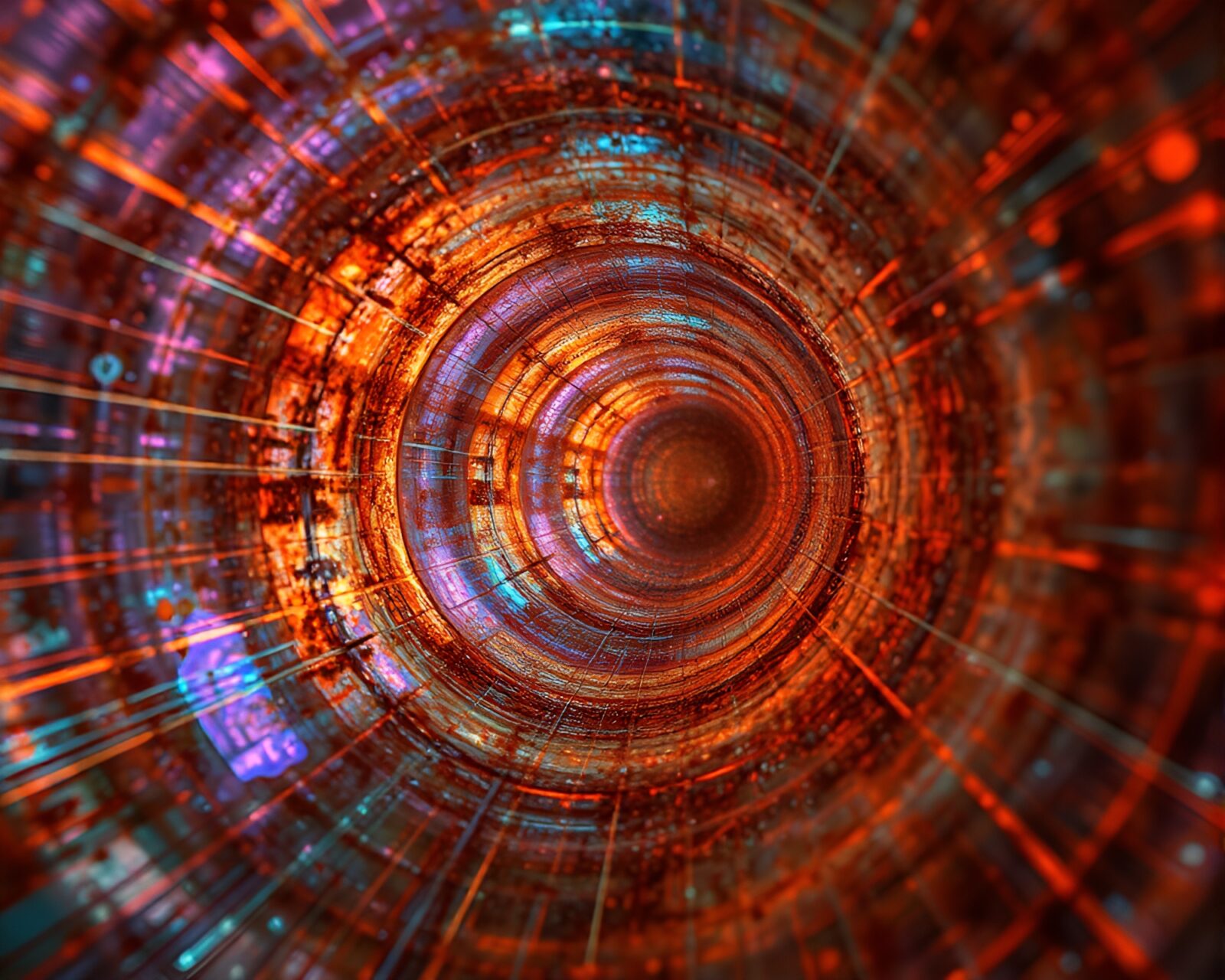 Colorful wormhole swirling amidst rust-stained metal with sparkling lights