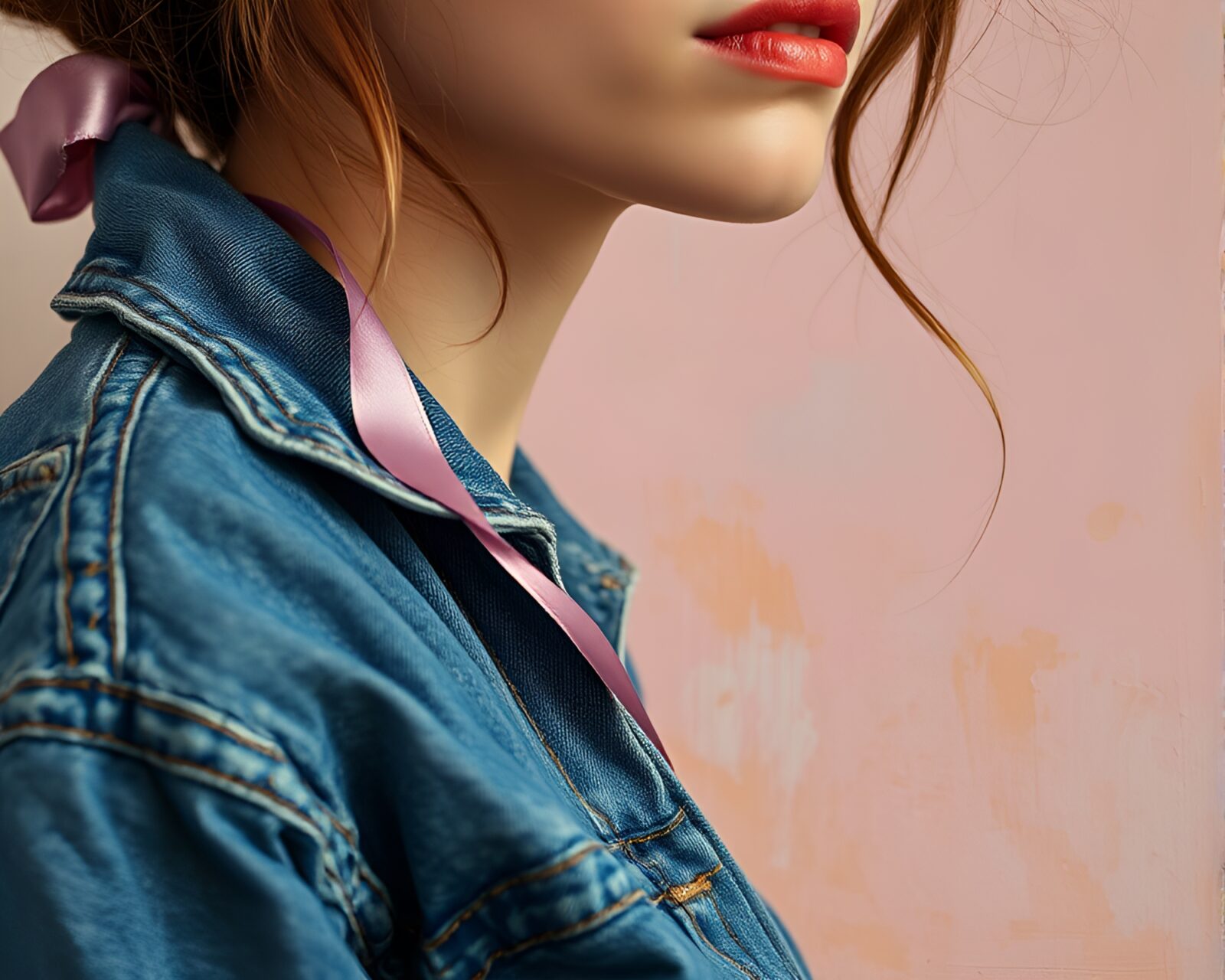 A faded denim-look painting of a candid scene with satin ribbon details