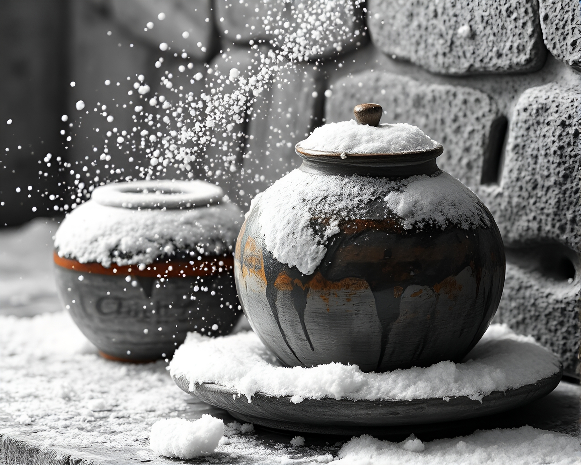 Snow-Kissed Rustic Pottery with Ink Splashes – free AI stock image
