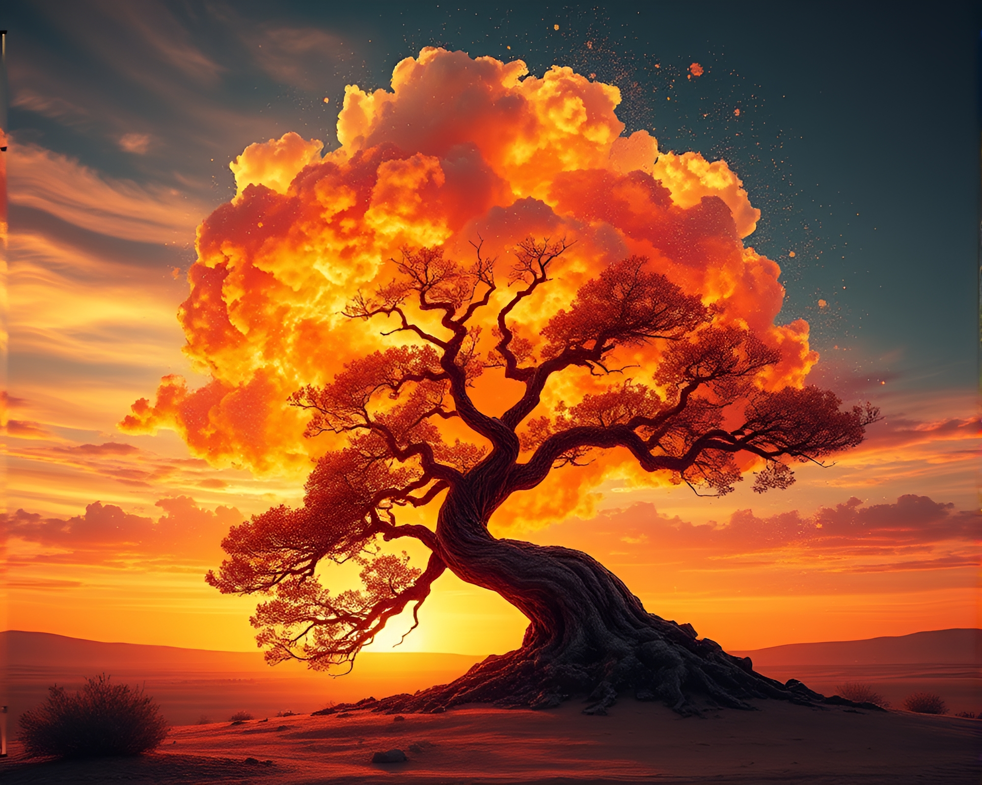 Bonsai Tree Engulfed in Colorful Explosion Cloud – free AI stock image