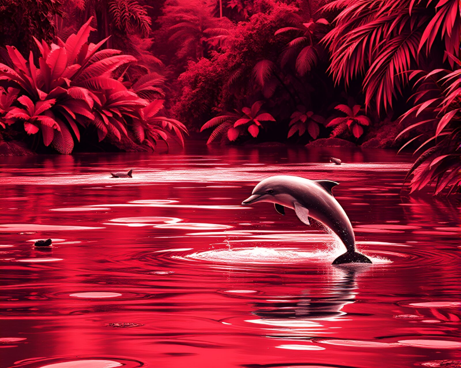 Ethereal depiction of dolphin on wet botanical red pavement