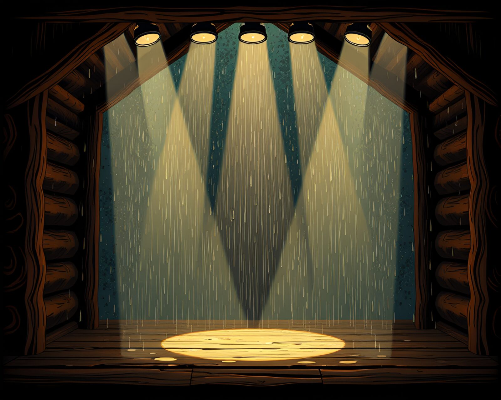 Fashionable cabin in spotlights with rain droplets