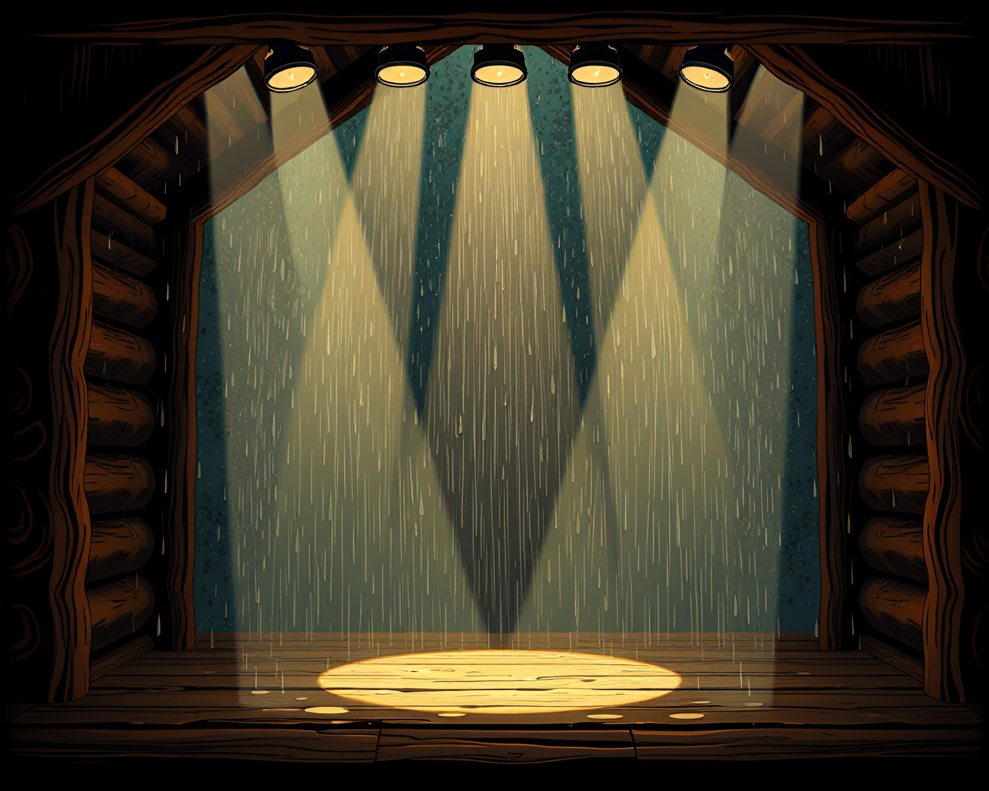 Rain-Kissed Rustic Cabin Fashion Illustration – free AI stock image