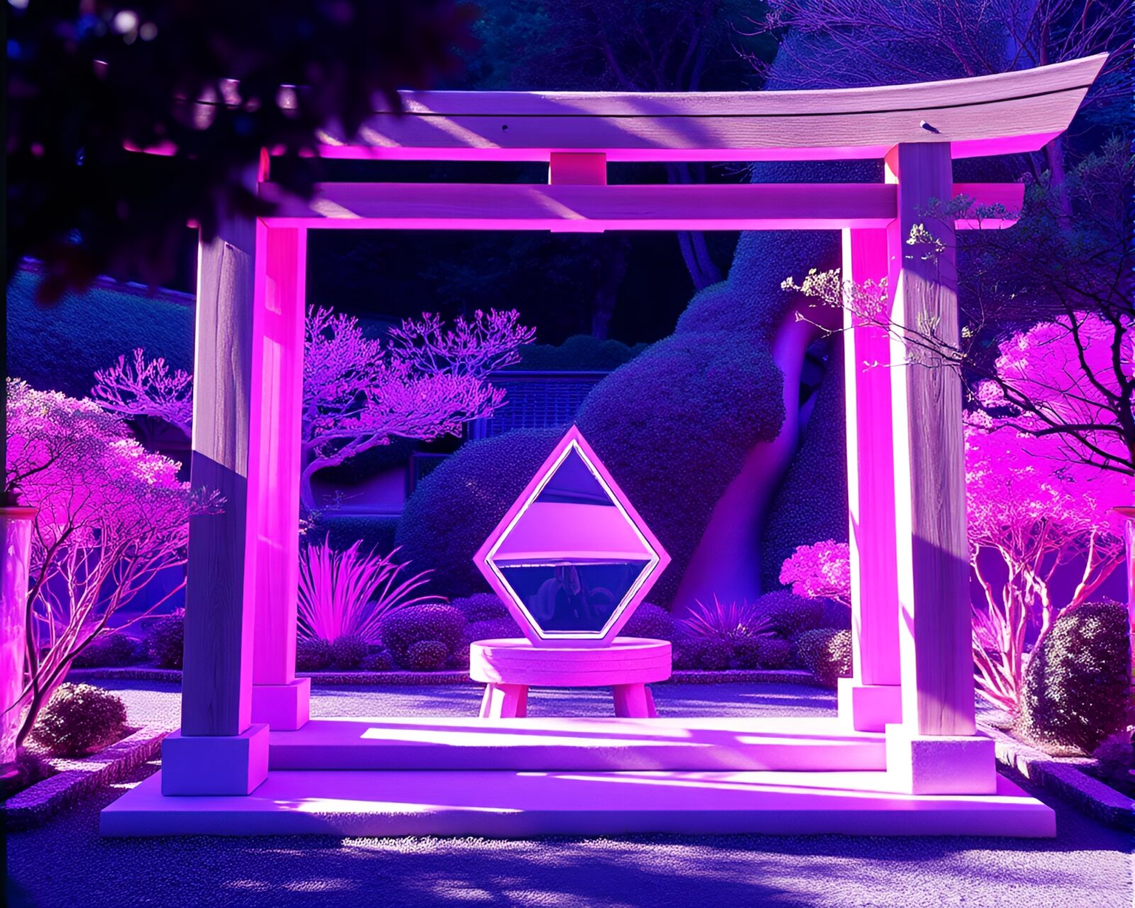 Architectural frame surrounds serene Zen garden in ultraviolet light