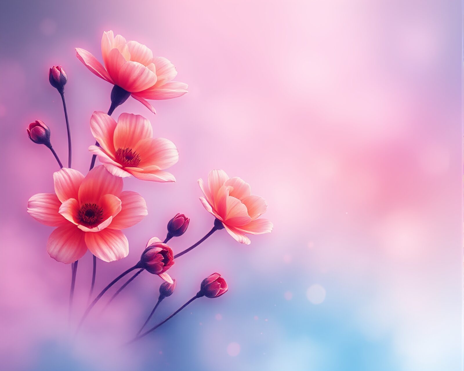 Vibrant watercolor flowers with neon lights in misty air