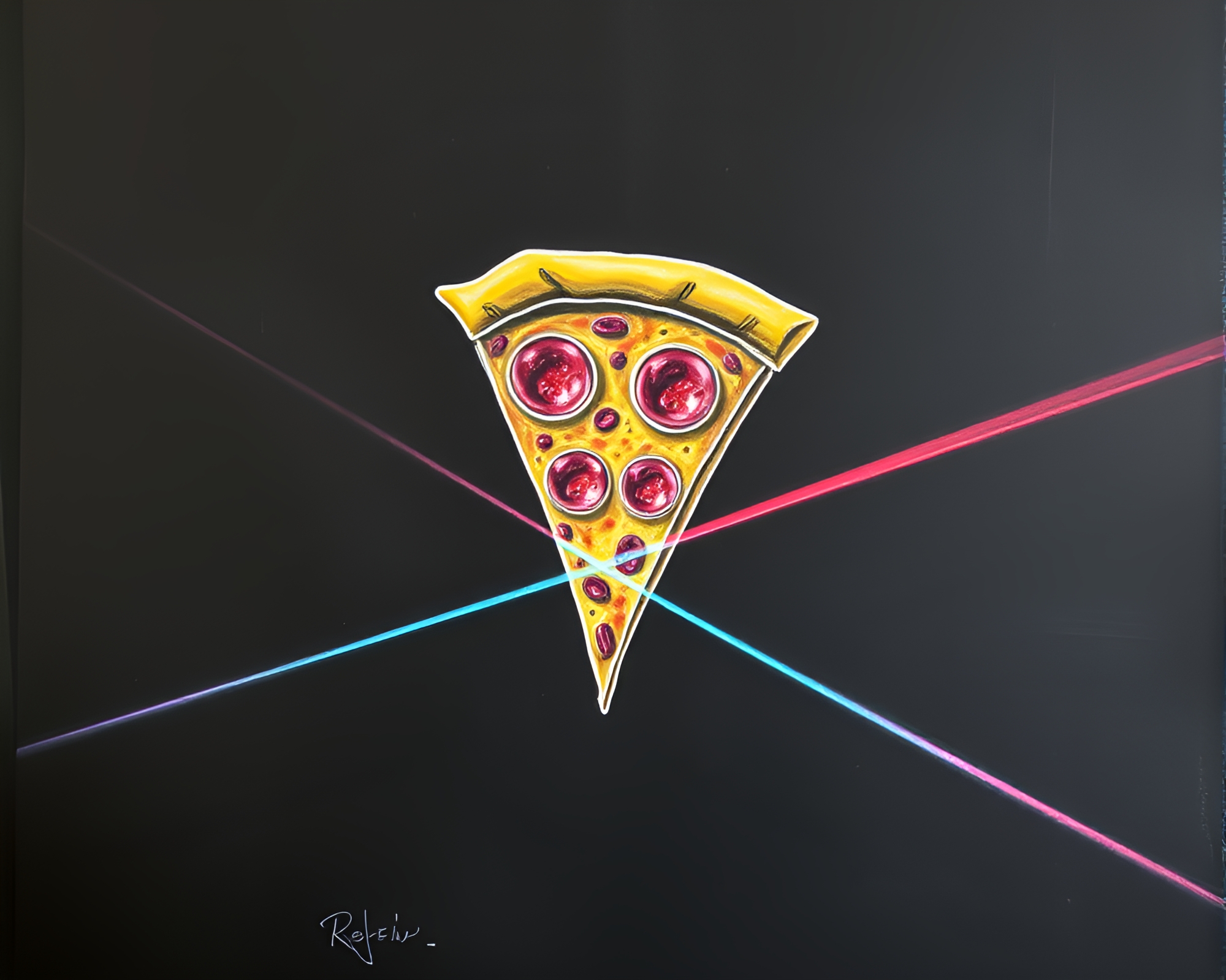 Prismatic Pizza Slice Surrounded by Chalk Laser Beams – free AI stock image