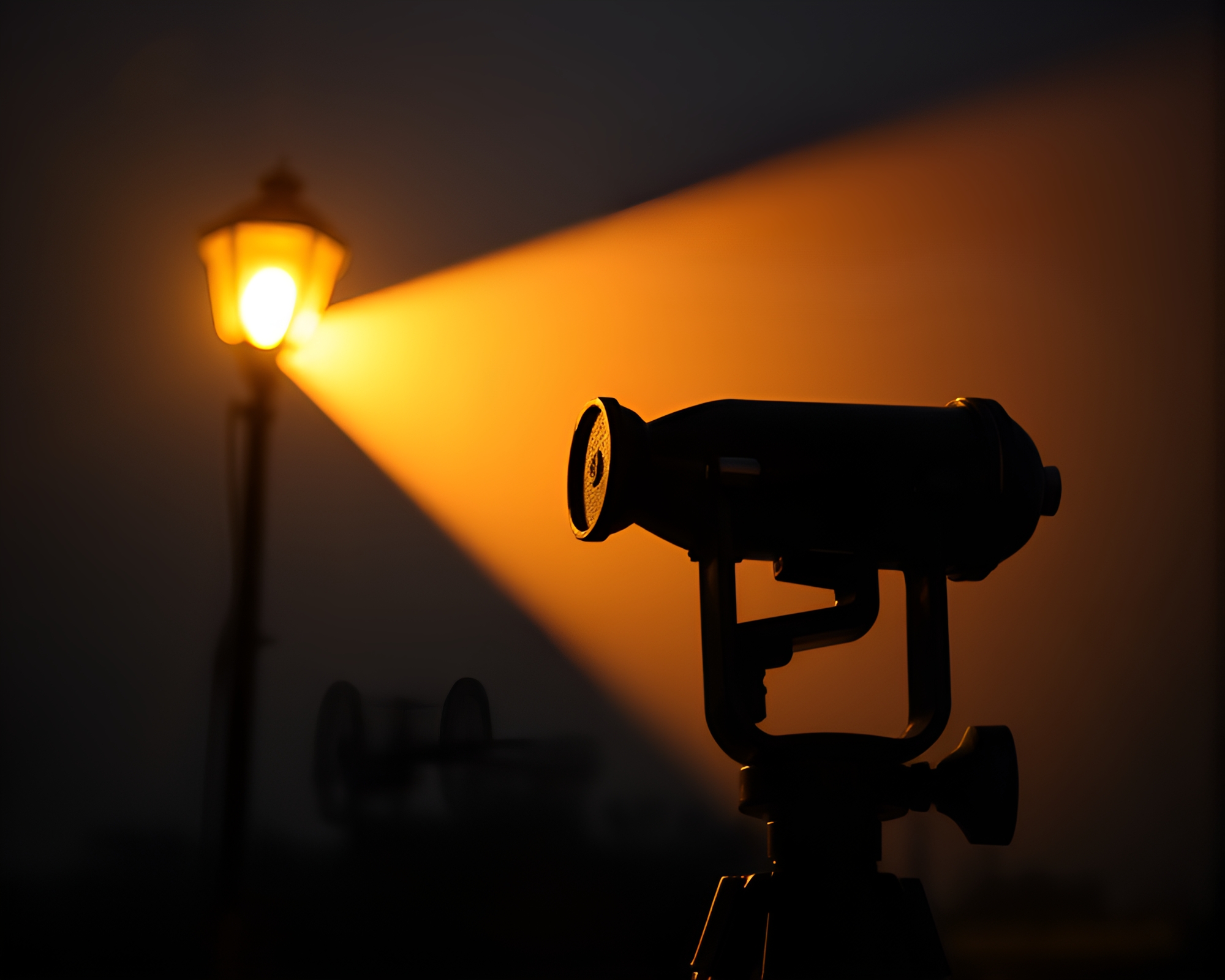 Vintage telescope under streetlamp glow – free AI stock image