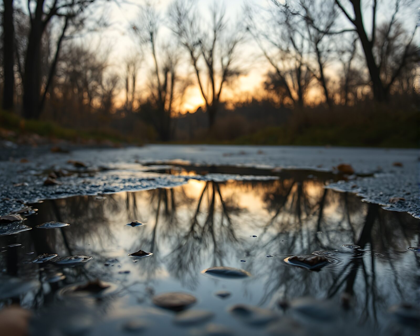 Photorealistic scene of apple cider reflecting in a puddle