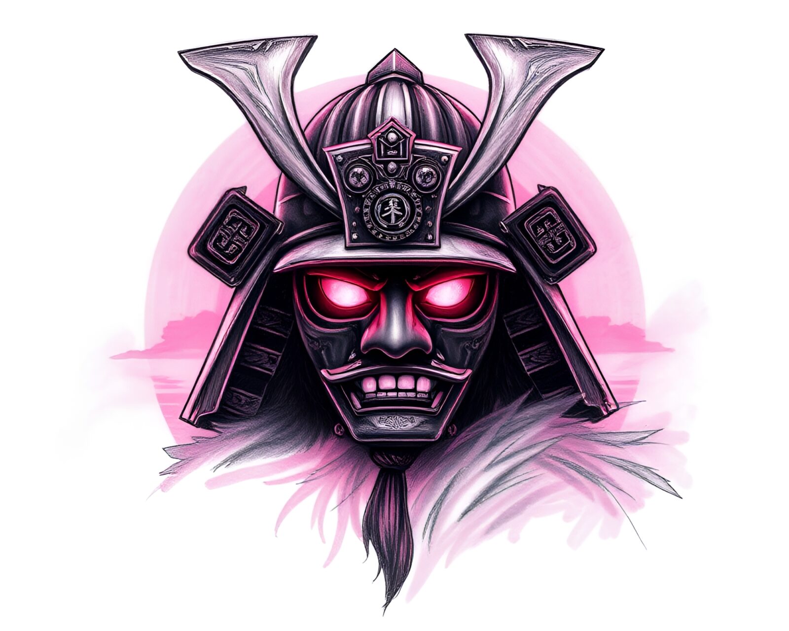 Detailed pencil sketch of Samurai helmet under pink sunrise glow
