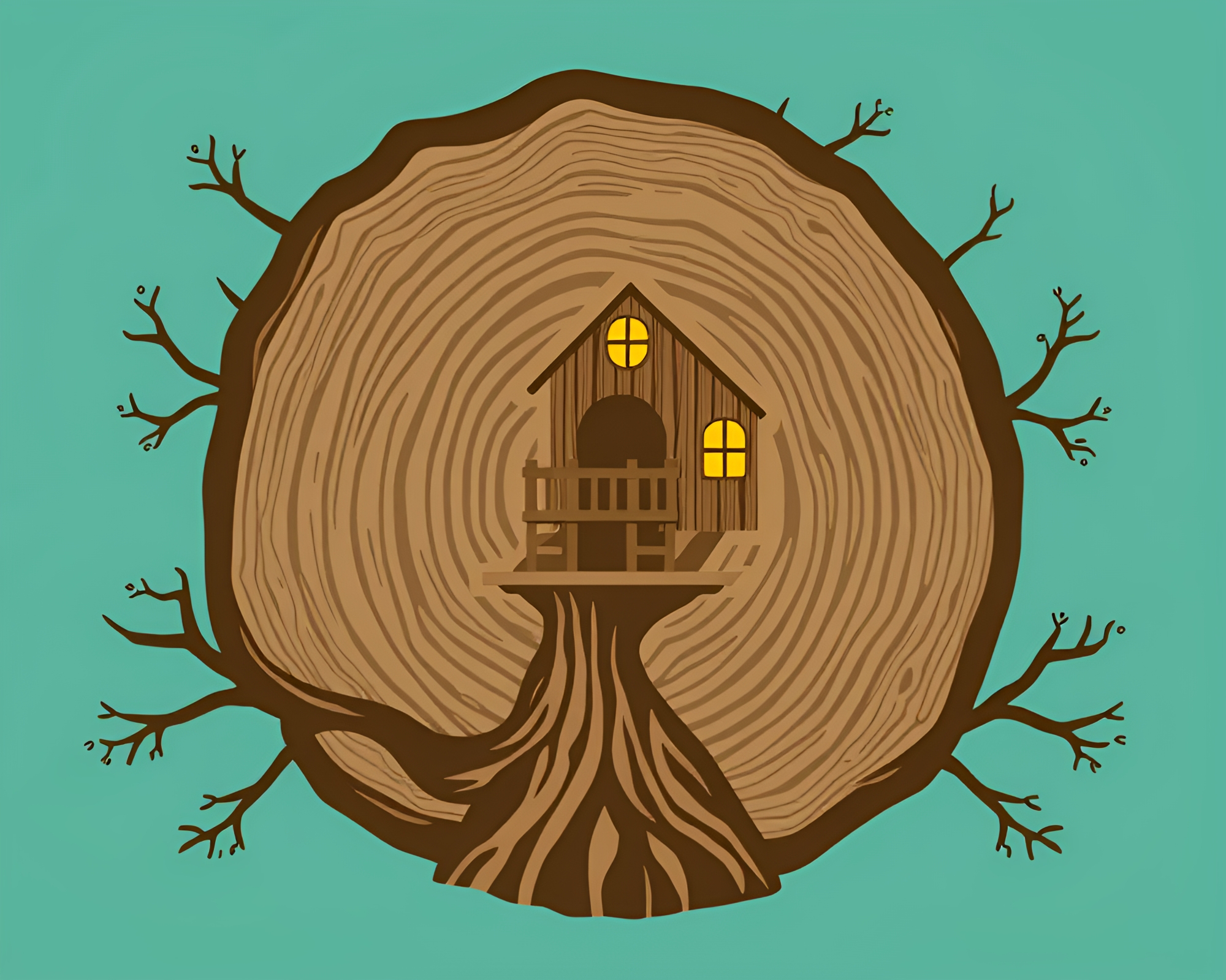 Teal Serenity Treehouse with Intricate Tree Ring Design – free AI stock image