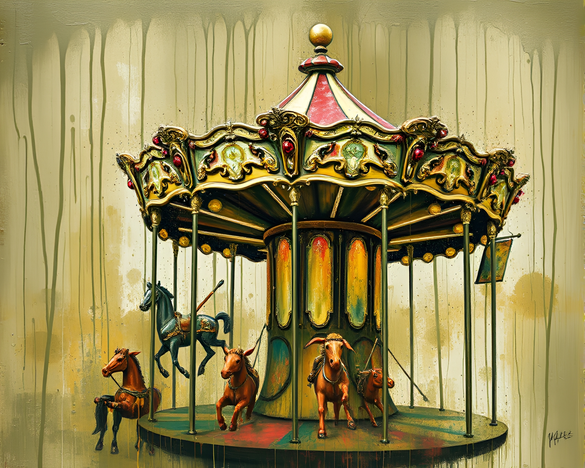 Spray paint carnival carousel under olive drab lighting – free AI stock image
