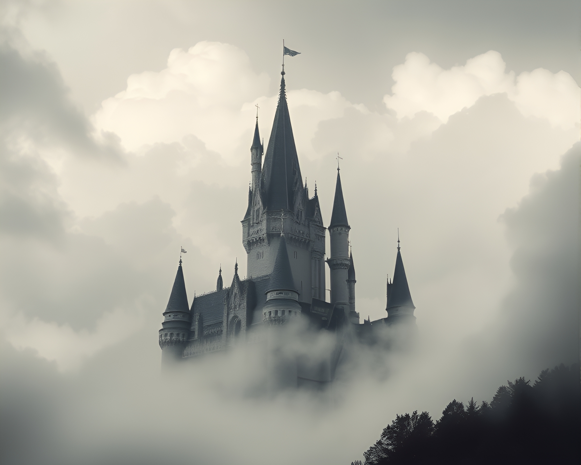 Digital Castle in Desaturated Clouds Glitch Art – free AI stock image
