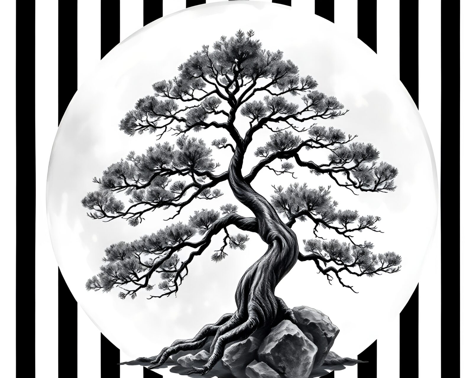 Tranquil bonsai tree in striped moonlit watercolor landscape