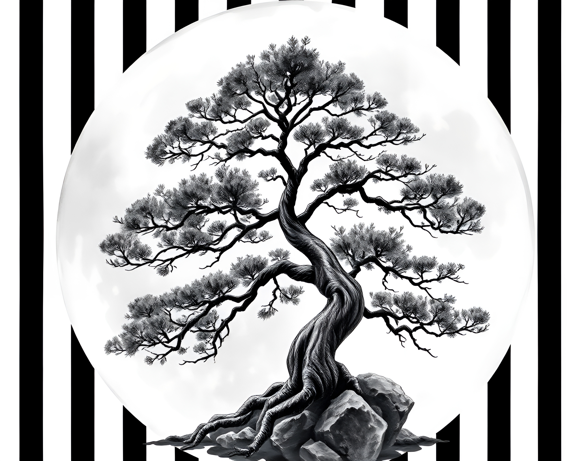Bonsai Serenity: Lunar Grayscale Watercolor Wildlife Scene – free AI stock image