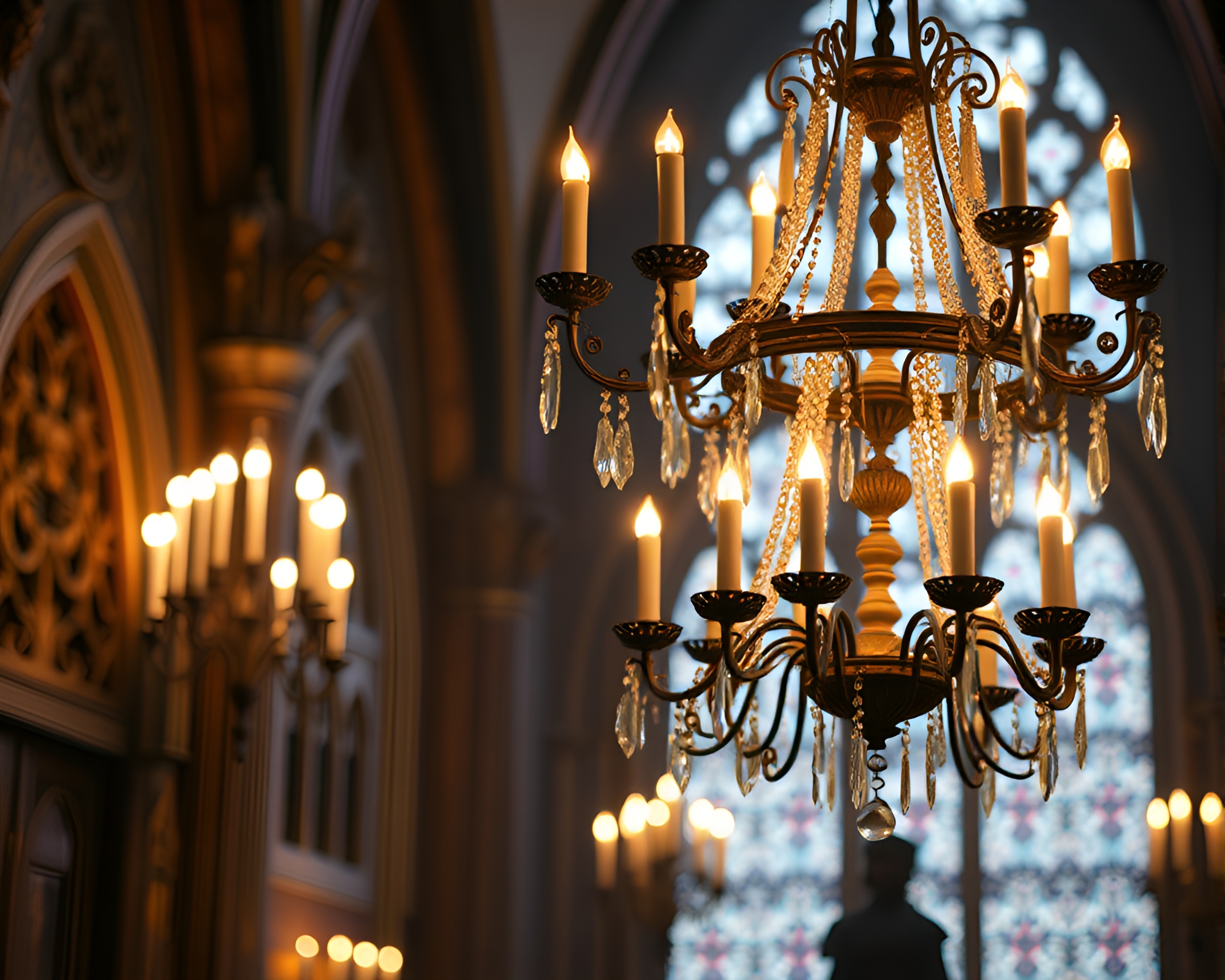 Gothic Chandelier Illuminating Captivating Candlelit Scene – free AI stock image