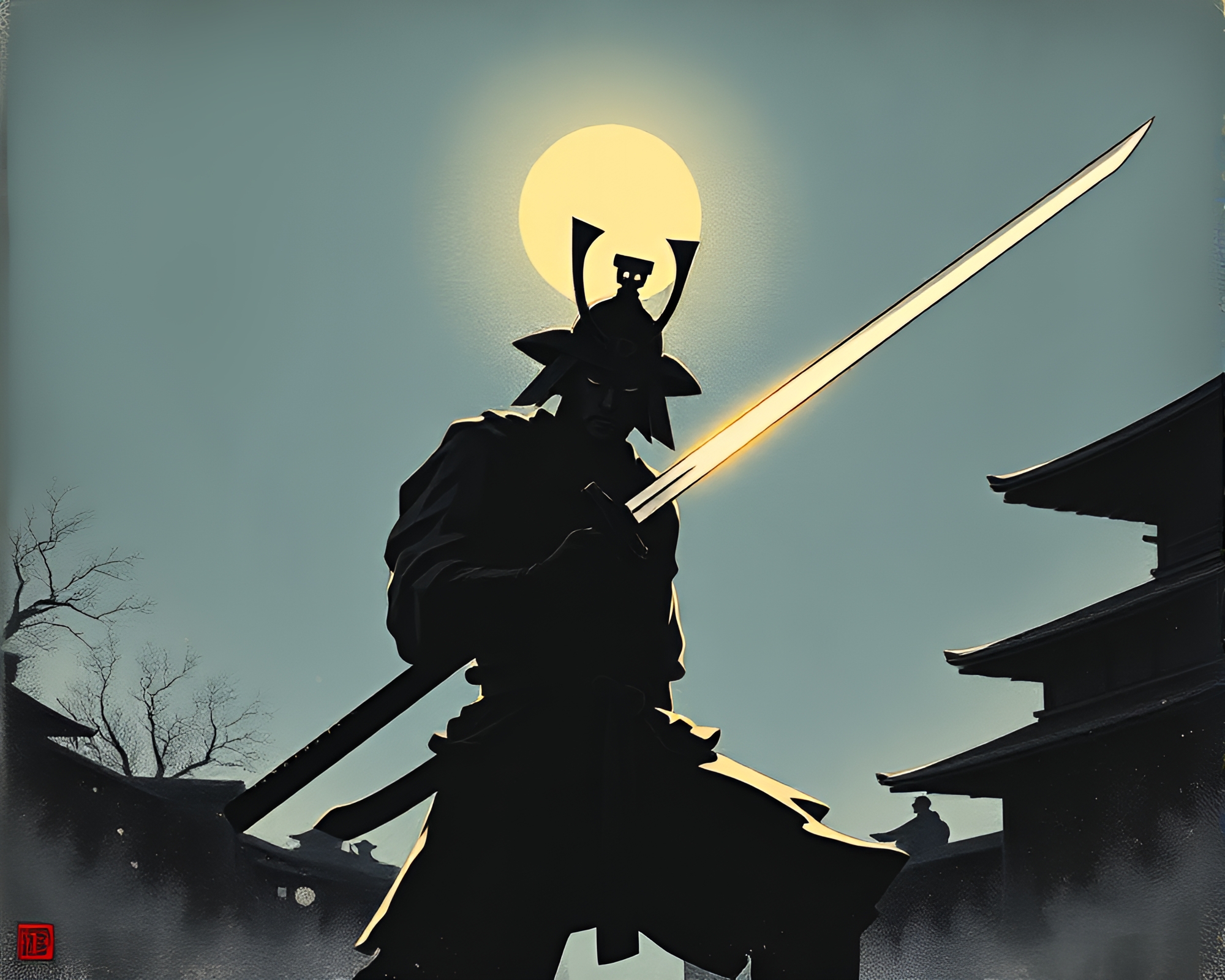 Samurai warrior in midday duel – free AI stock image