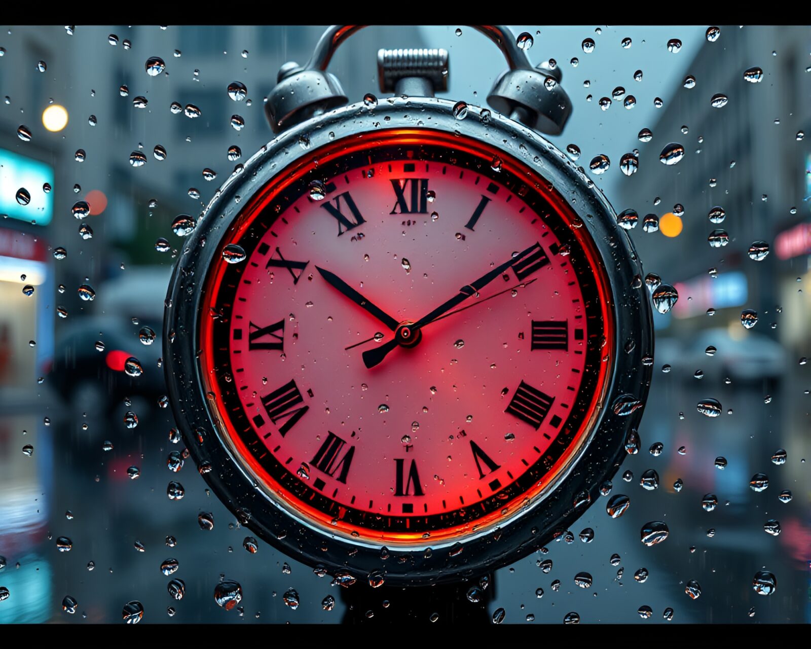 Stereo 3D image of reflective rain droplets on clock