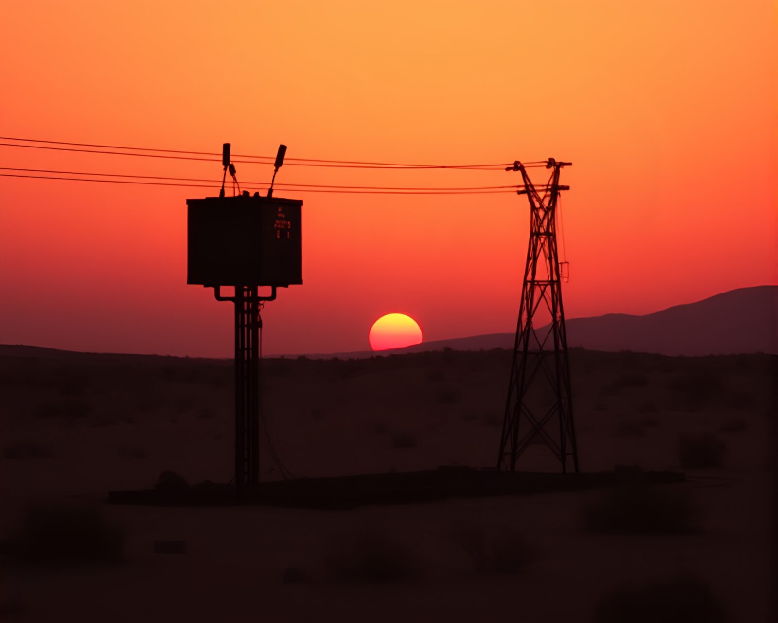 A film noir-inspired image of floating embers signaling Morse code in a desert sunset setting.