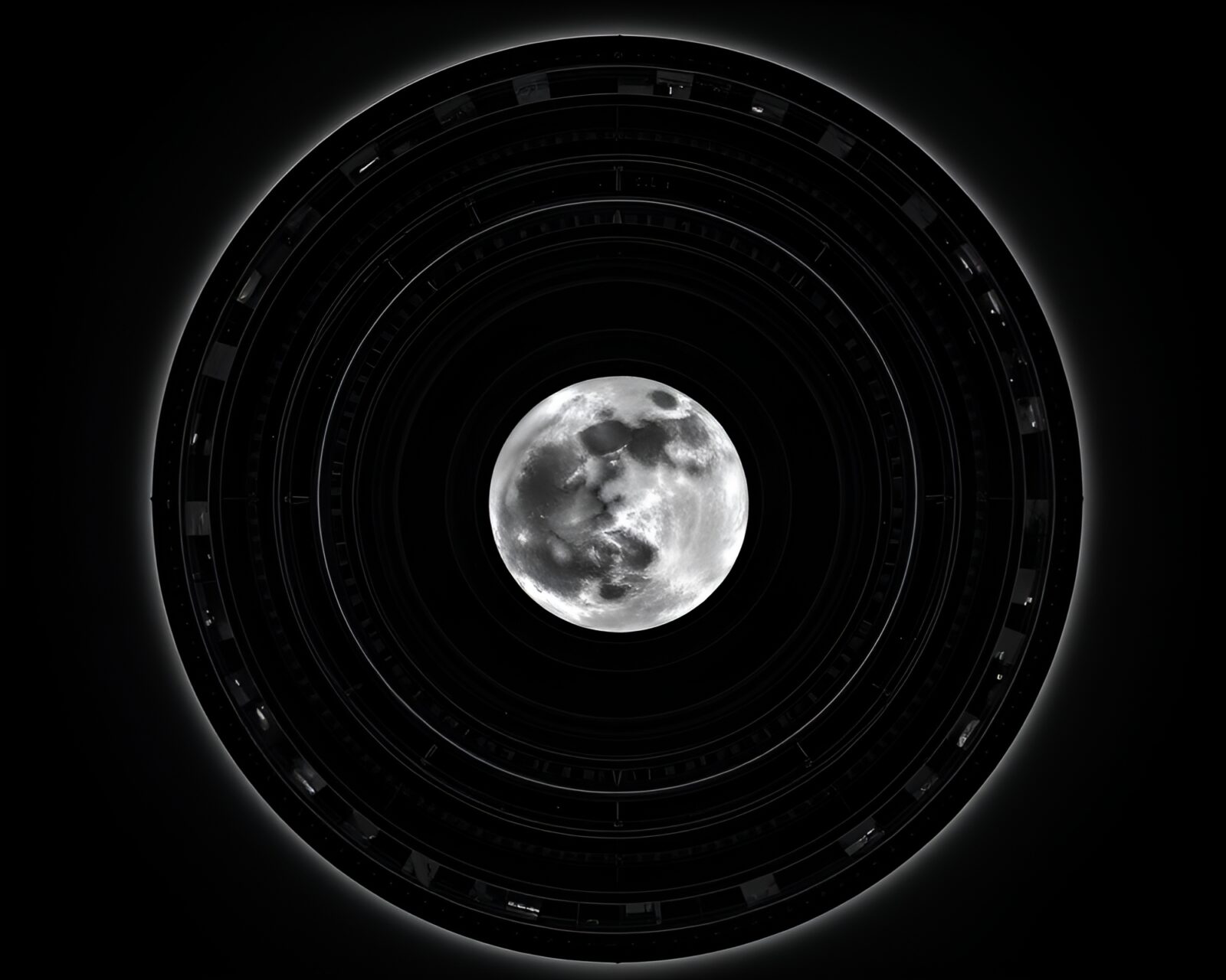 Solar panels in concentric circles under moonlight vignette