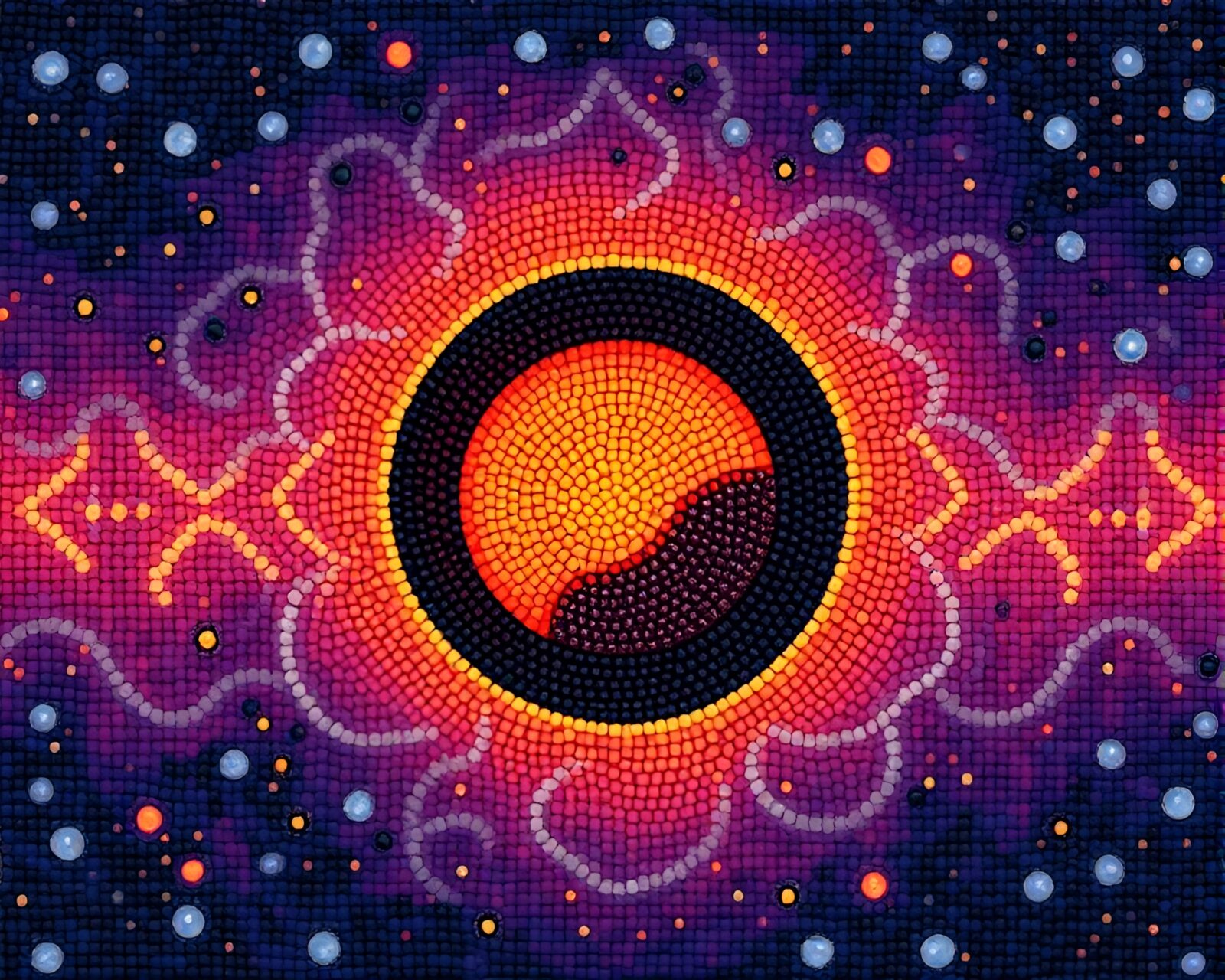 Stunning impasto painting of solar eclipse with beadwork accents